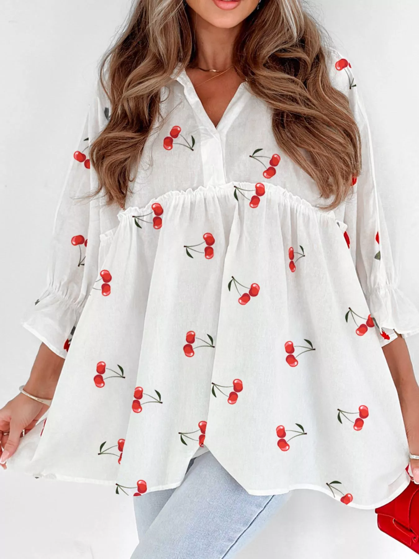 Cherry Print Flounce Sleeve Collared Frilled Babydoll Blouse - Image 3