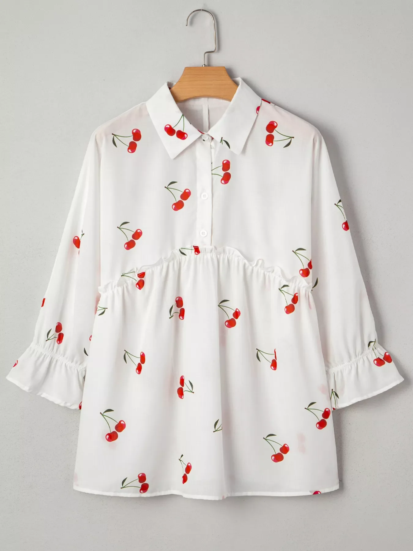 Cherry Print Flounce Sleeve Collared Frilled Babydoll Blouse - Image 4