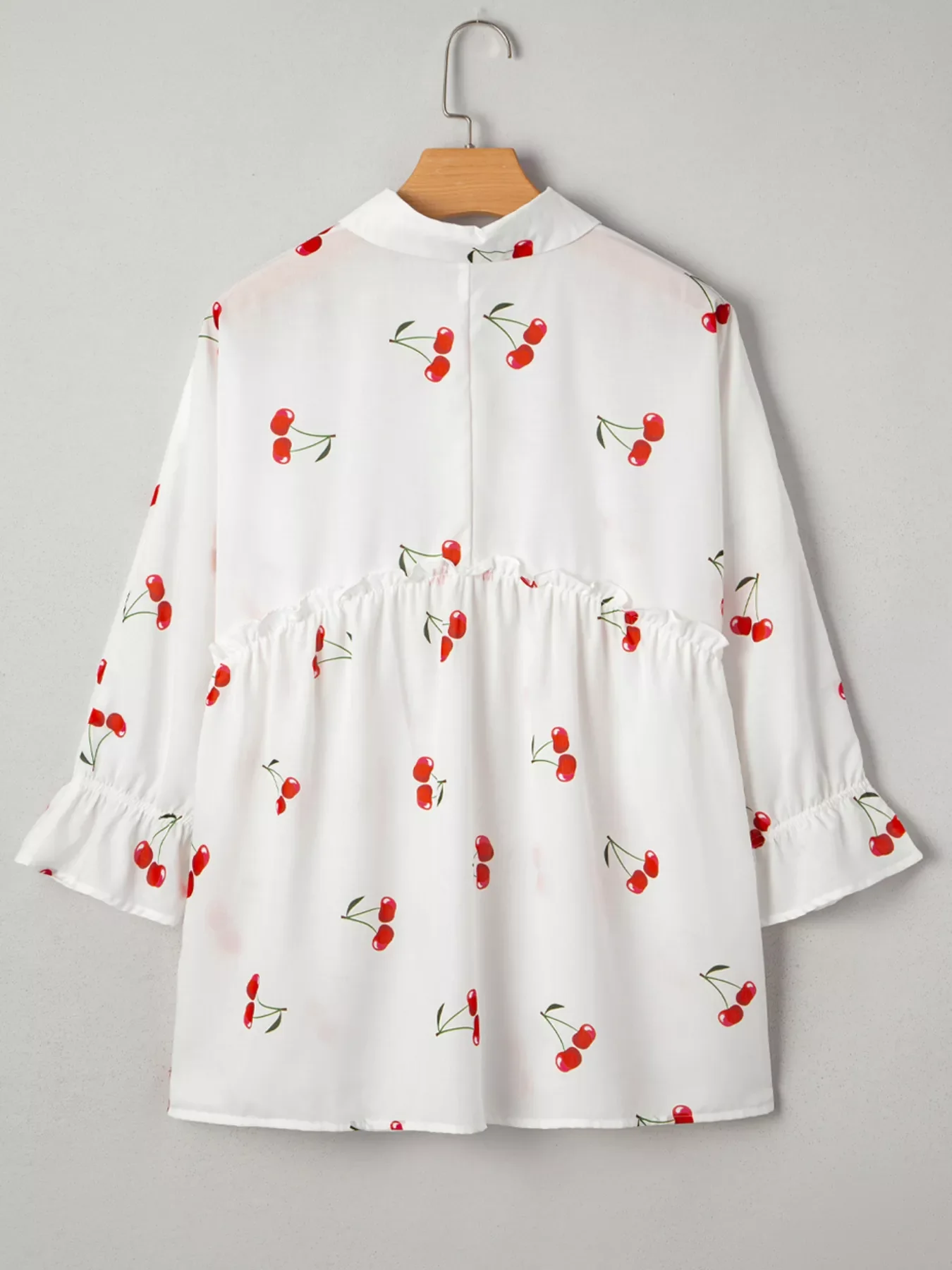 Cherry Print Flounce Sleeve Collared Frilled Babydoll Blouse - Image 5