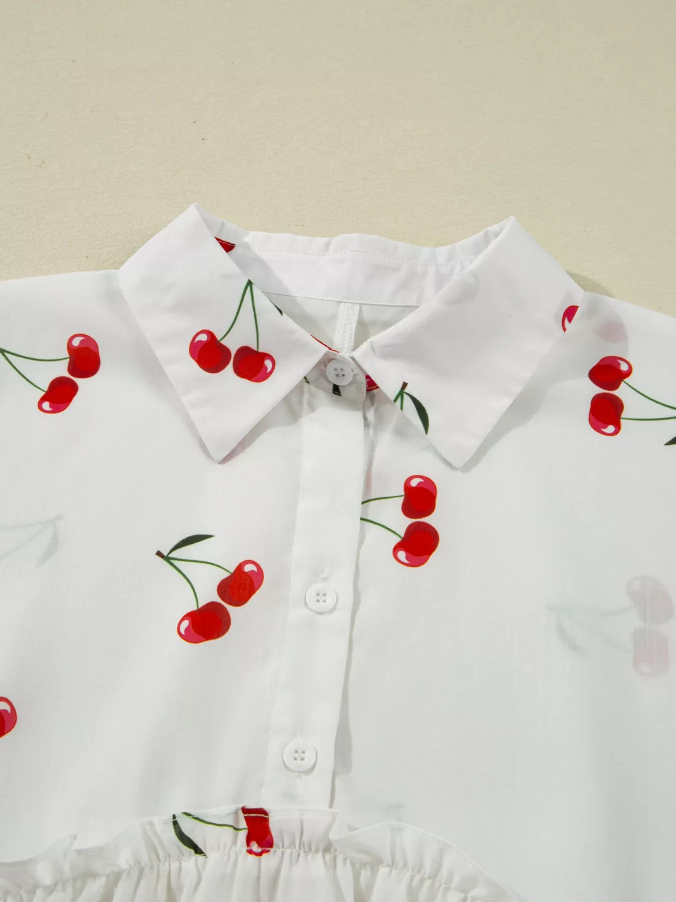 Cherry Print Flounce Sleeve Collared Frilled Babydoll Blouse - Image 6