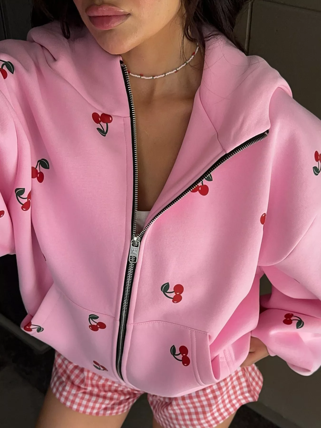 Cherry Print Oversized Zip-Up Hoodie - Image 10