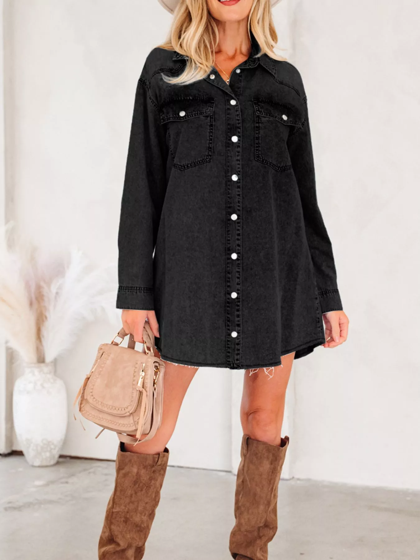 Chest Pocket Raw Hem Denim Loose Shirt Dress - Image 4