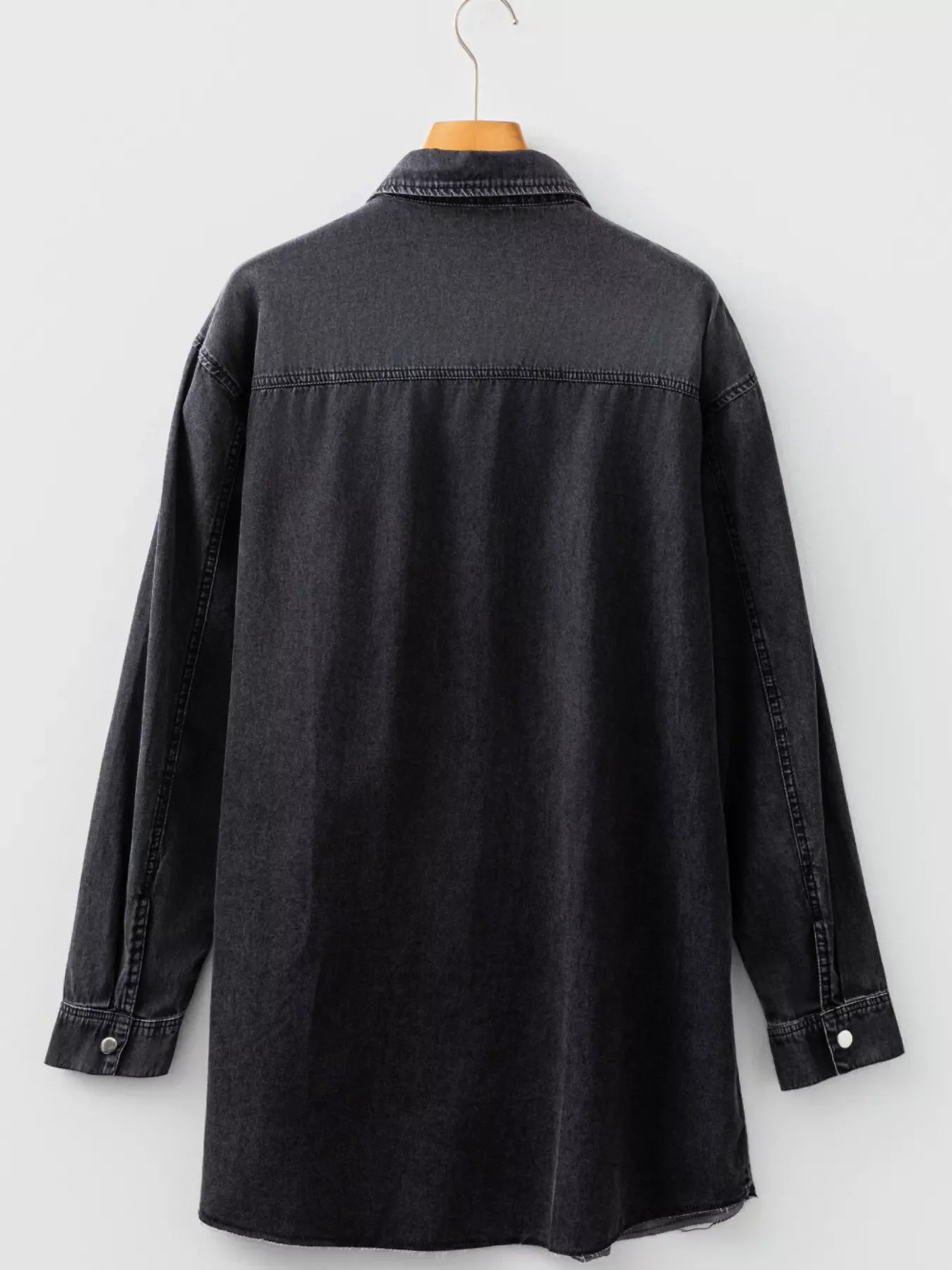 Chest Pocket Raw Hem Denim Loose Shirt Dress - Image 7