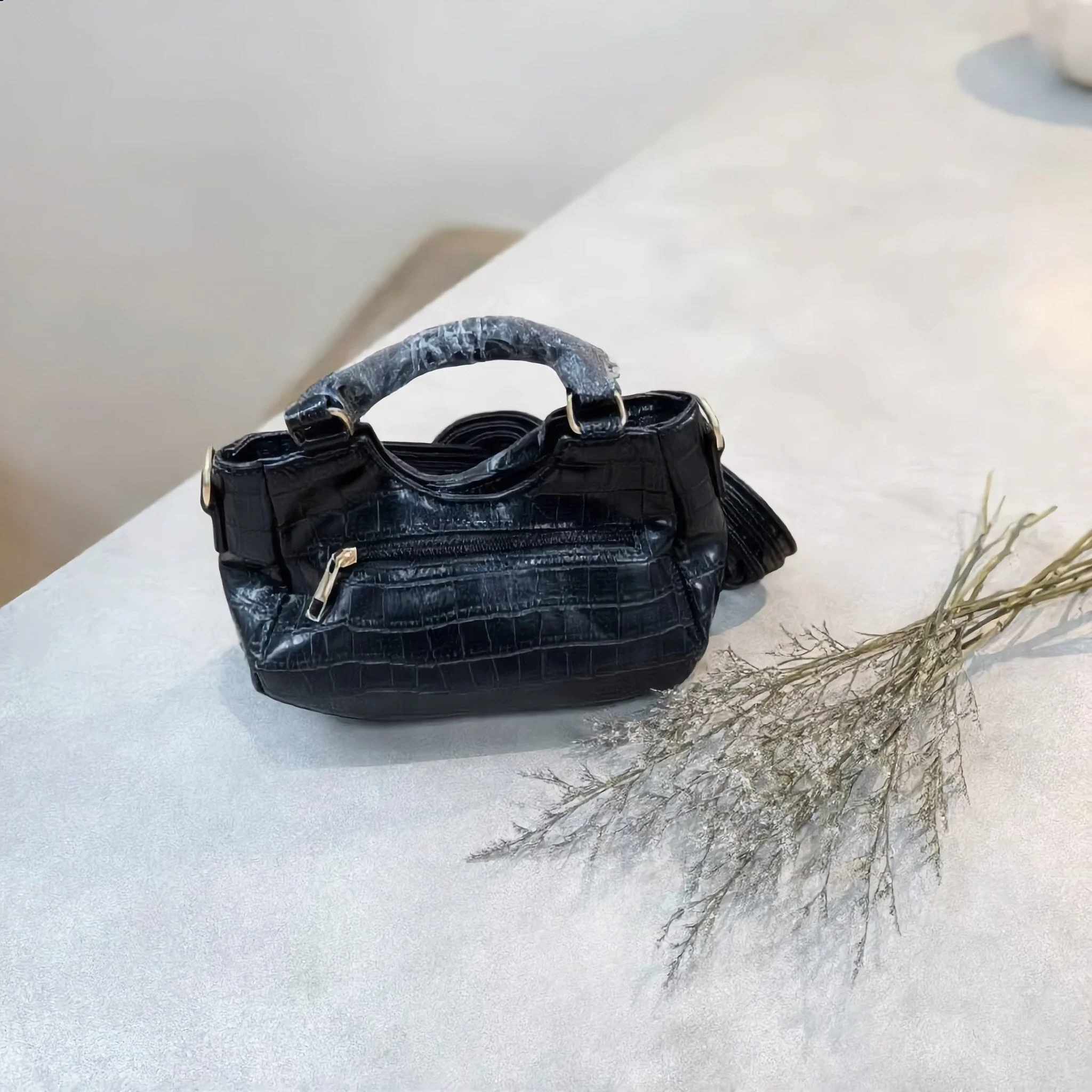 Chic Black Crocodile Embossed Mini Satchel Handbag