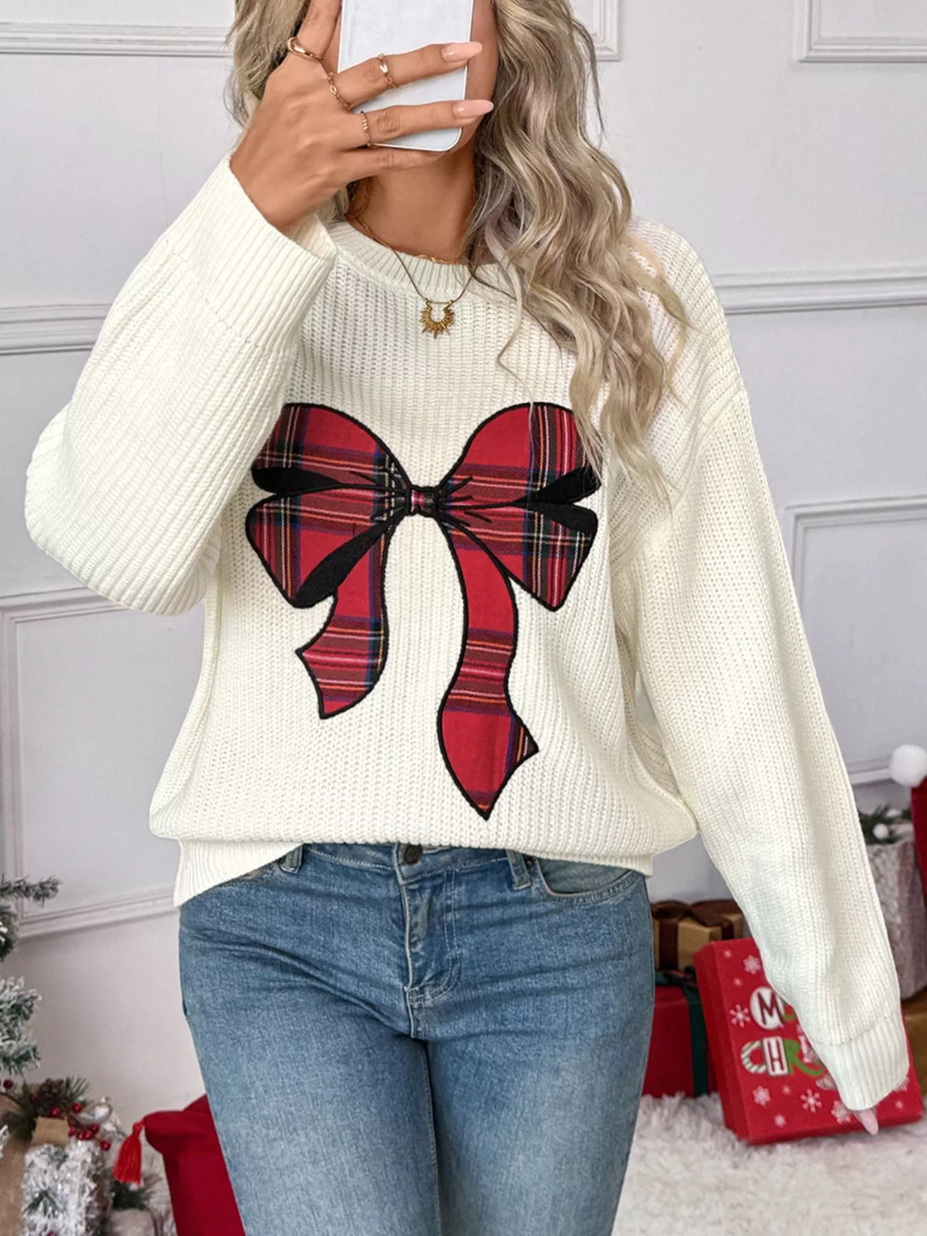 Christmas Bow Dropped Shoulder Sweater - Image 4