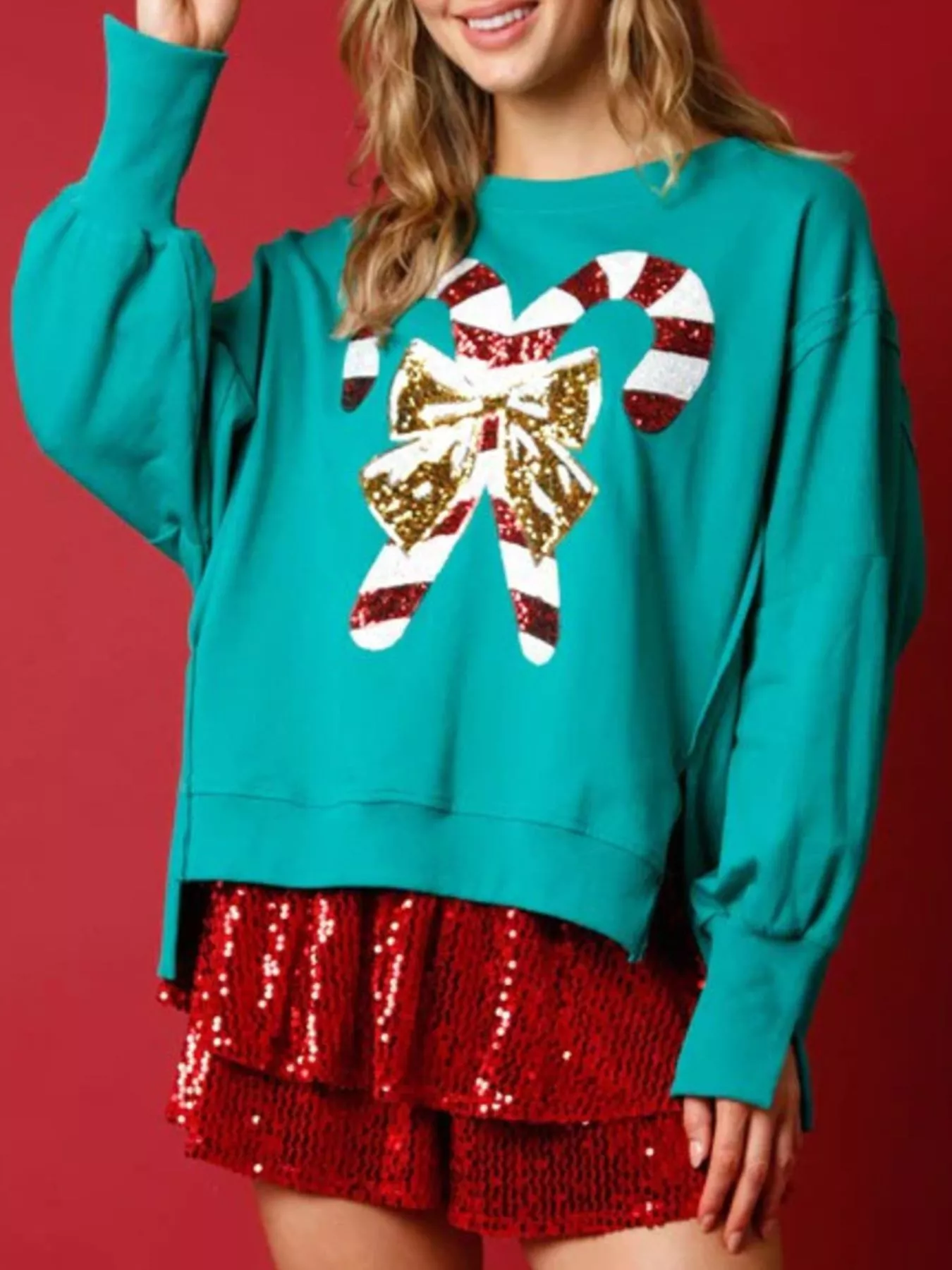 Christmas Candy Cane Bow Dropped Shoulder Sweatshirt - Image 6