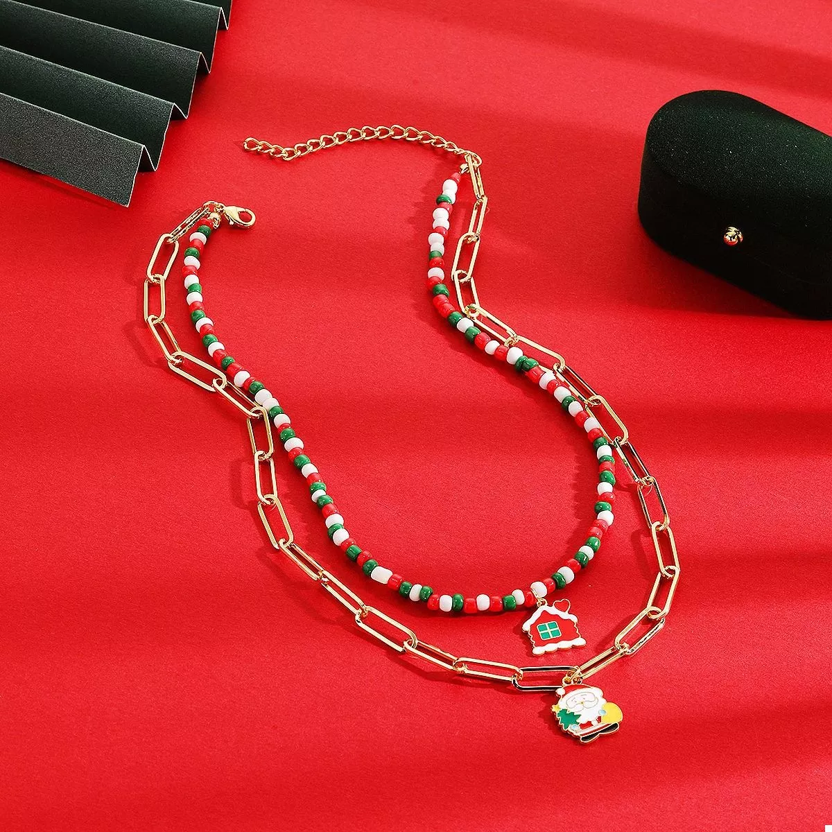 Christmas Double-Layer Necklace with Colorful Beads and Pendant - Image 2