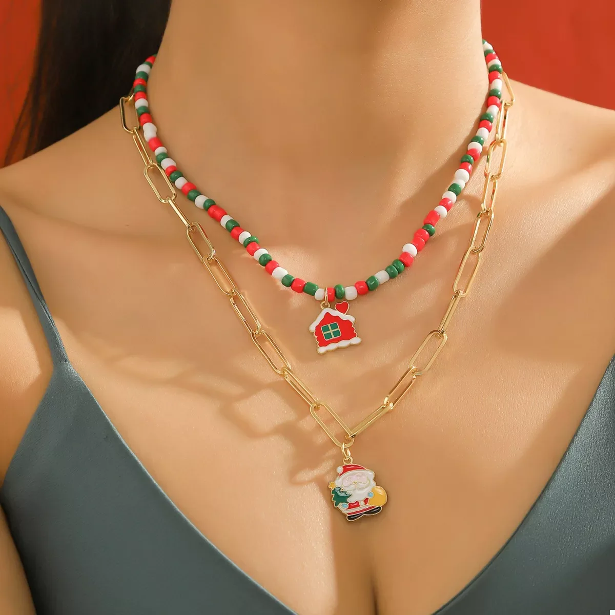 Christmas Double-Layer Necklace with Colorful Beads and Pendant - Image 3