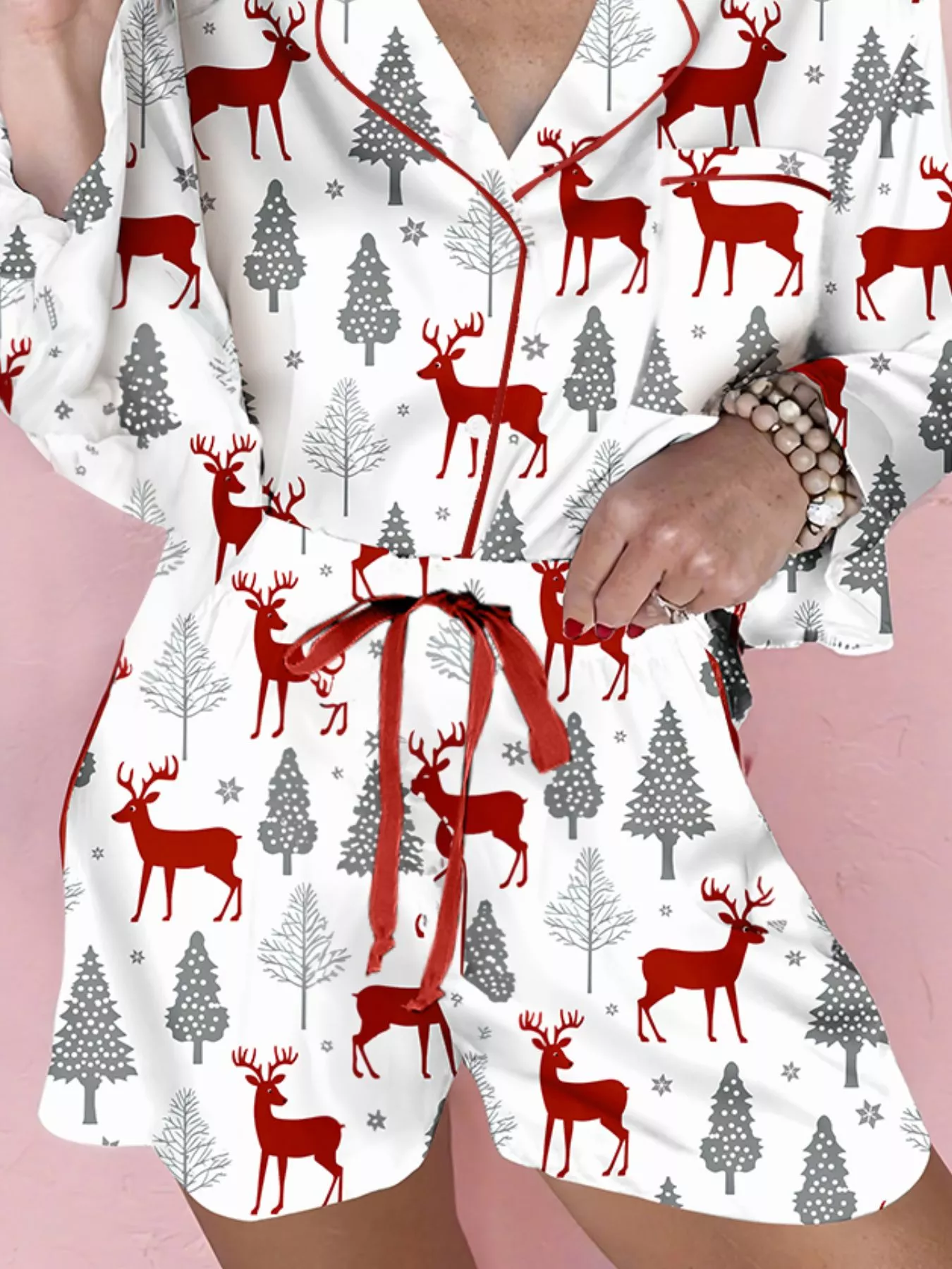 Christmas Fashion Print Velvet Trim Top and Shorts Pajama 2pcs Set - Image 2