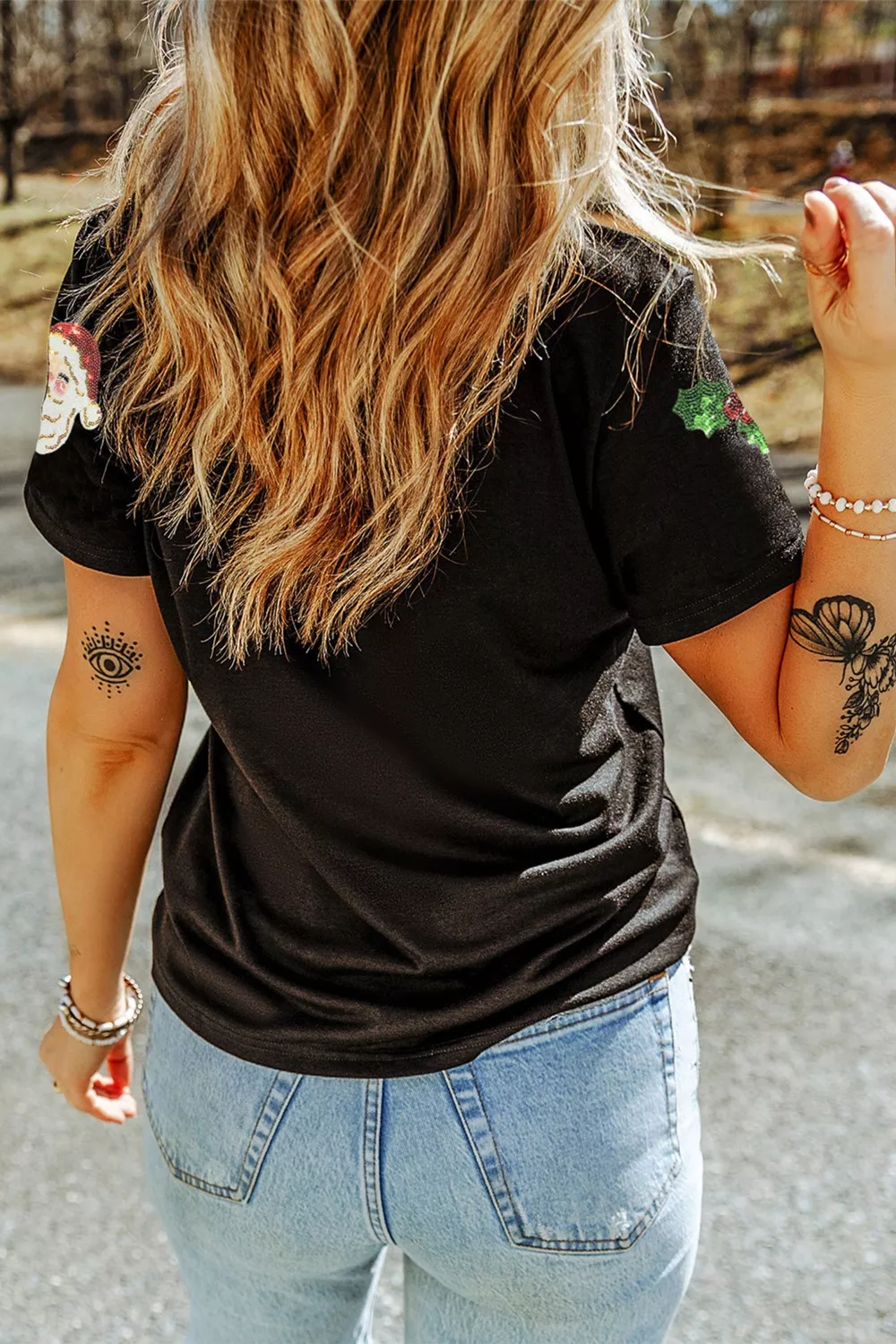 Christmas Holly Santa Claus Sequin Patched Graphic Tee - Image 2