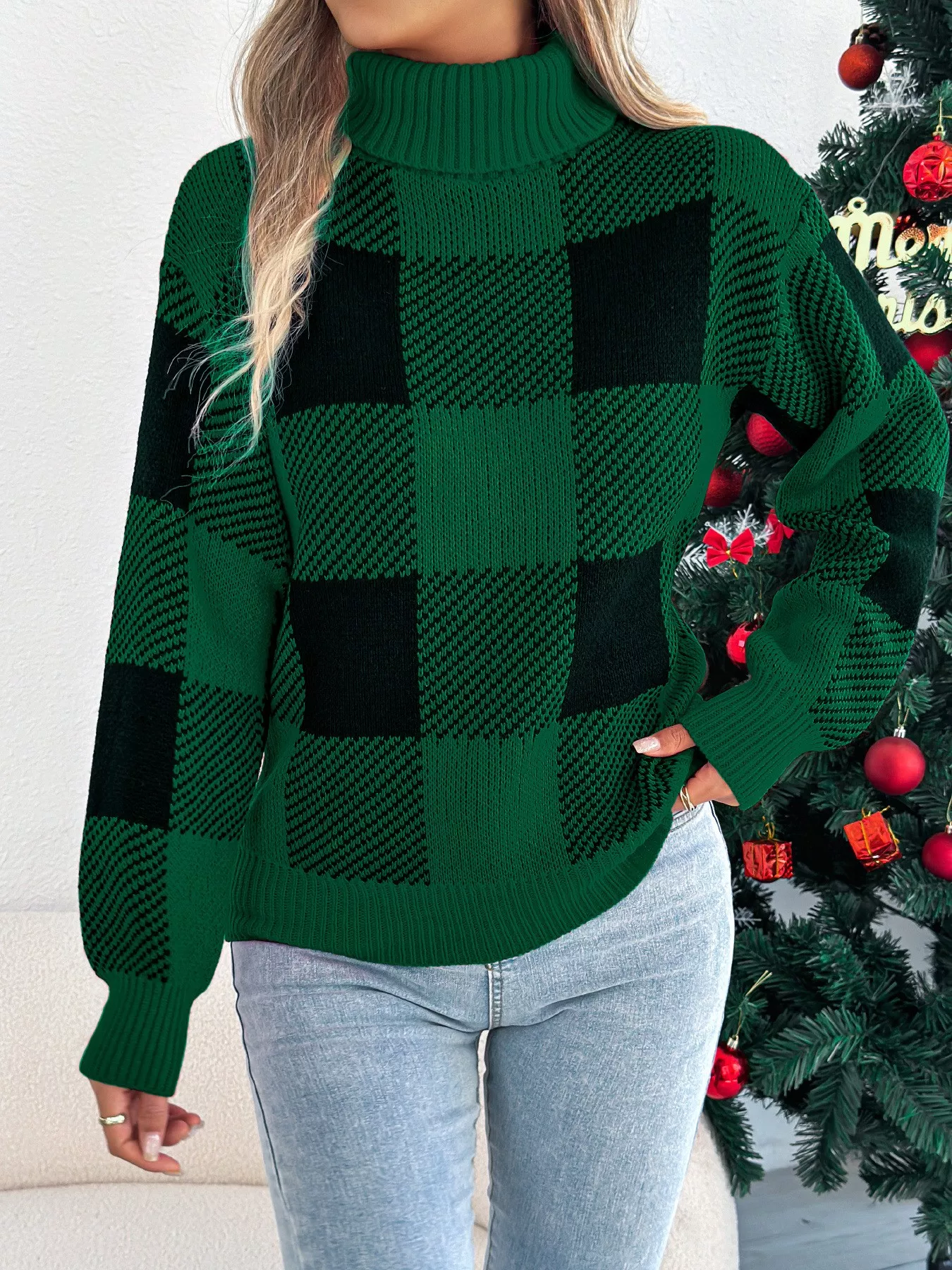 Christmas Plaid Long Sleeve Turtleneck Sweater - Image 4