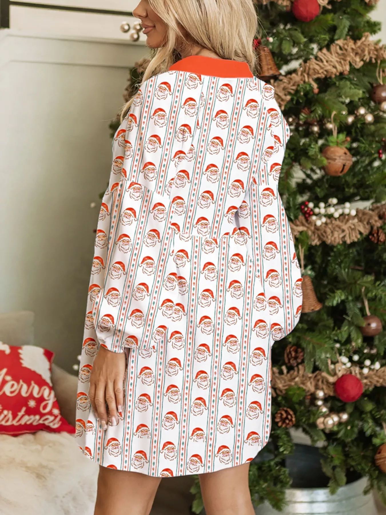 Christmas Santa Print Button Front Mini Dress - Image 2