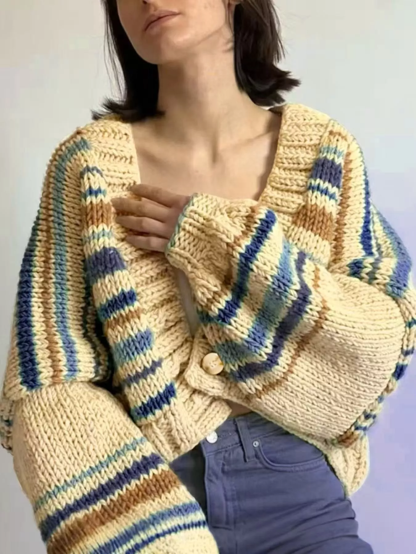 Chunky Knit Striped Cropped Cardigan - Image 5