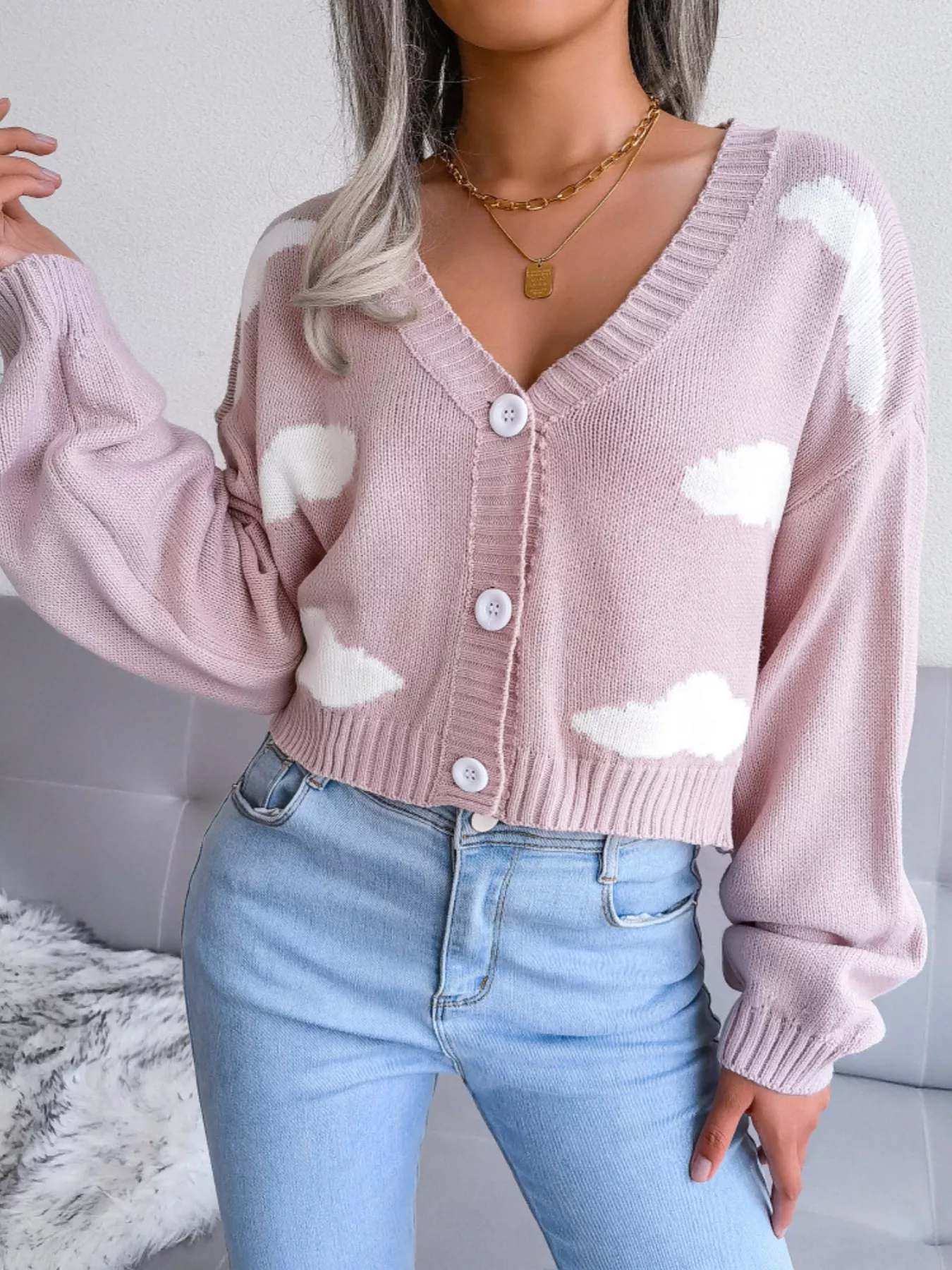 Cloud Pattern Button-Up Cropped Cardigan - Image 11