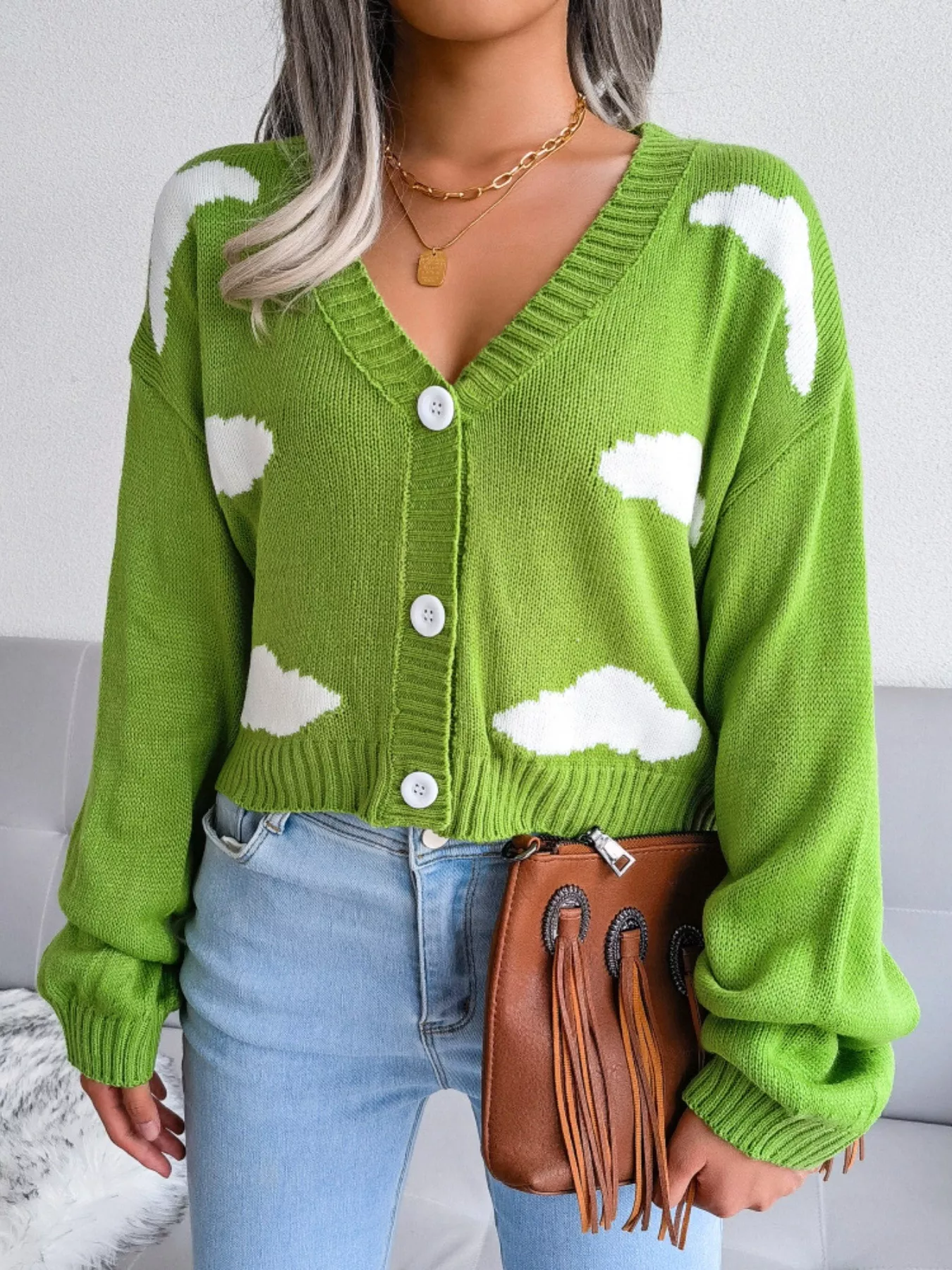 Cloud Pattern Button-Up Cropped Cardigan - Image 3