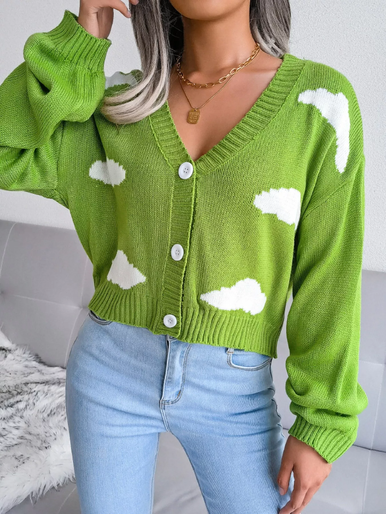 Cloud Pattern Button-Up Cropped Cardigan - Image 4