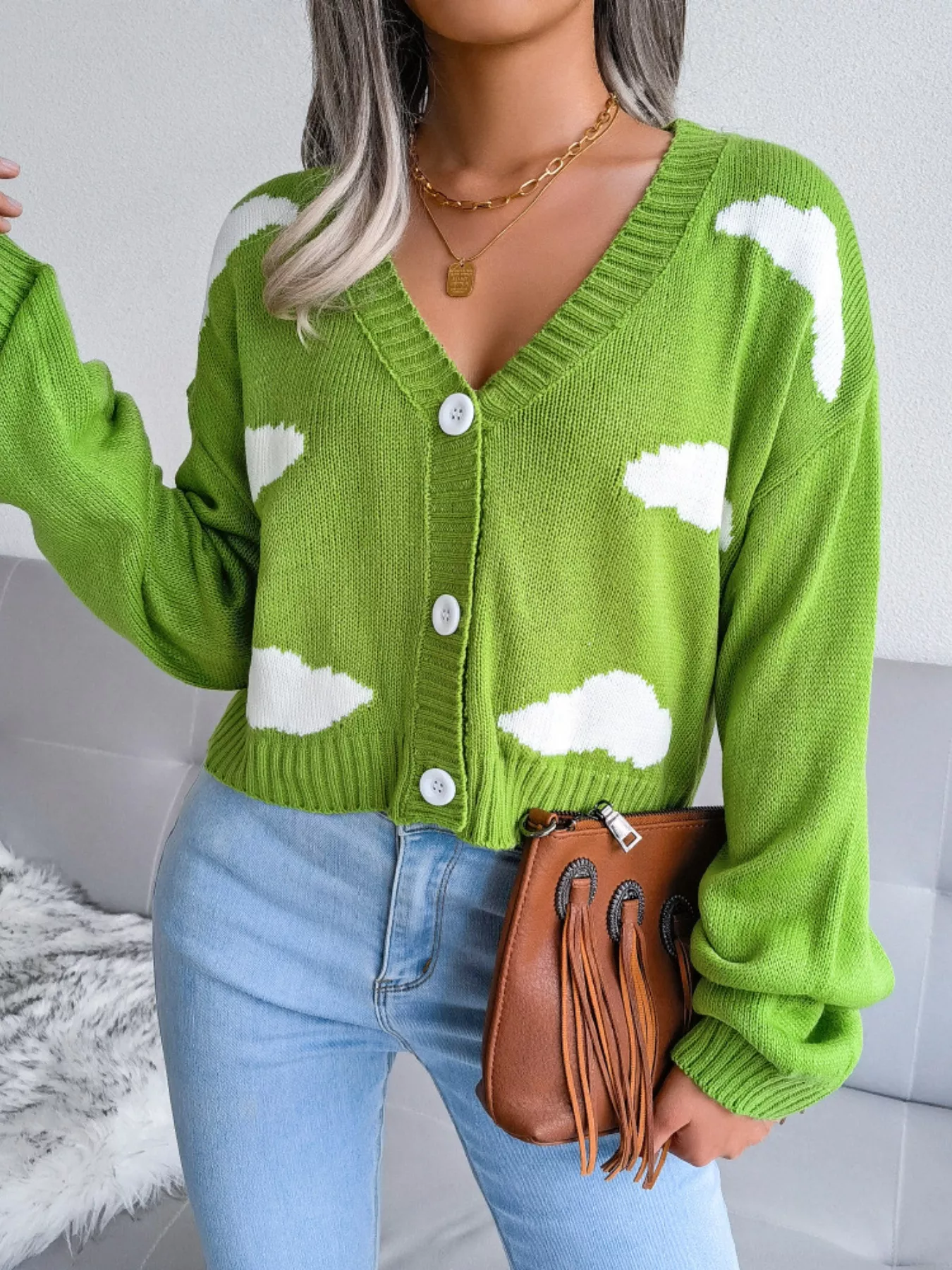 Cloud Pattern Button-Up Cropped Cardigan - Image 5