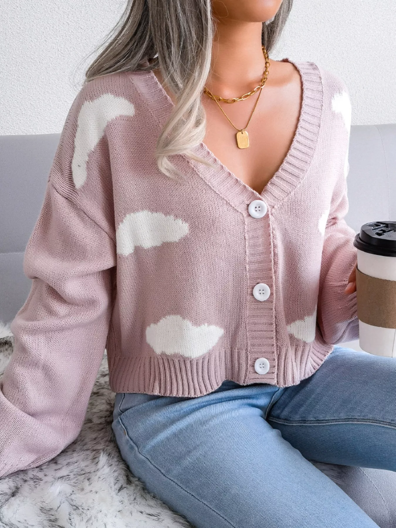 Cloud Pattern Button-Up Cropped Cardigan - Image 7