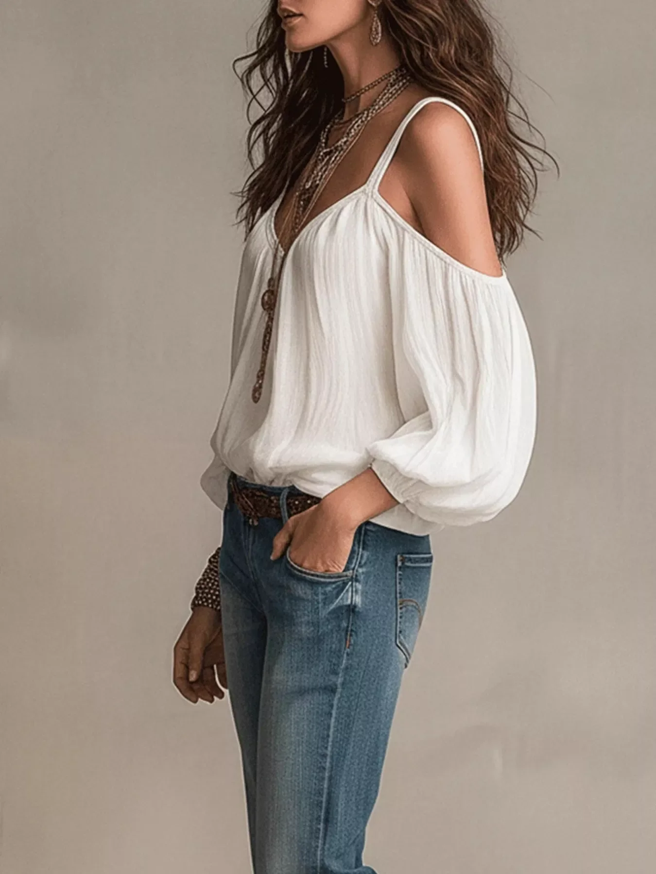 Cold Shoulder Balloon Sleeve Blouse - Image 2