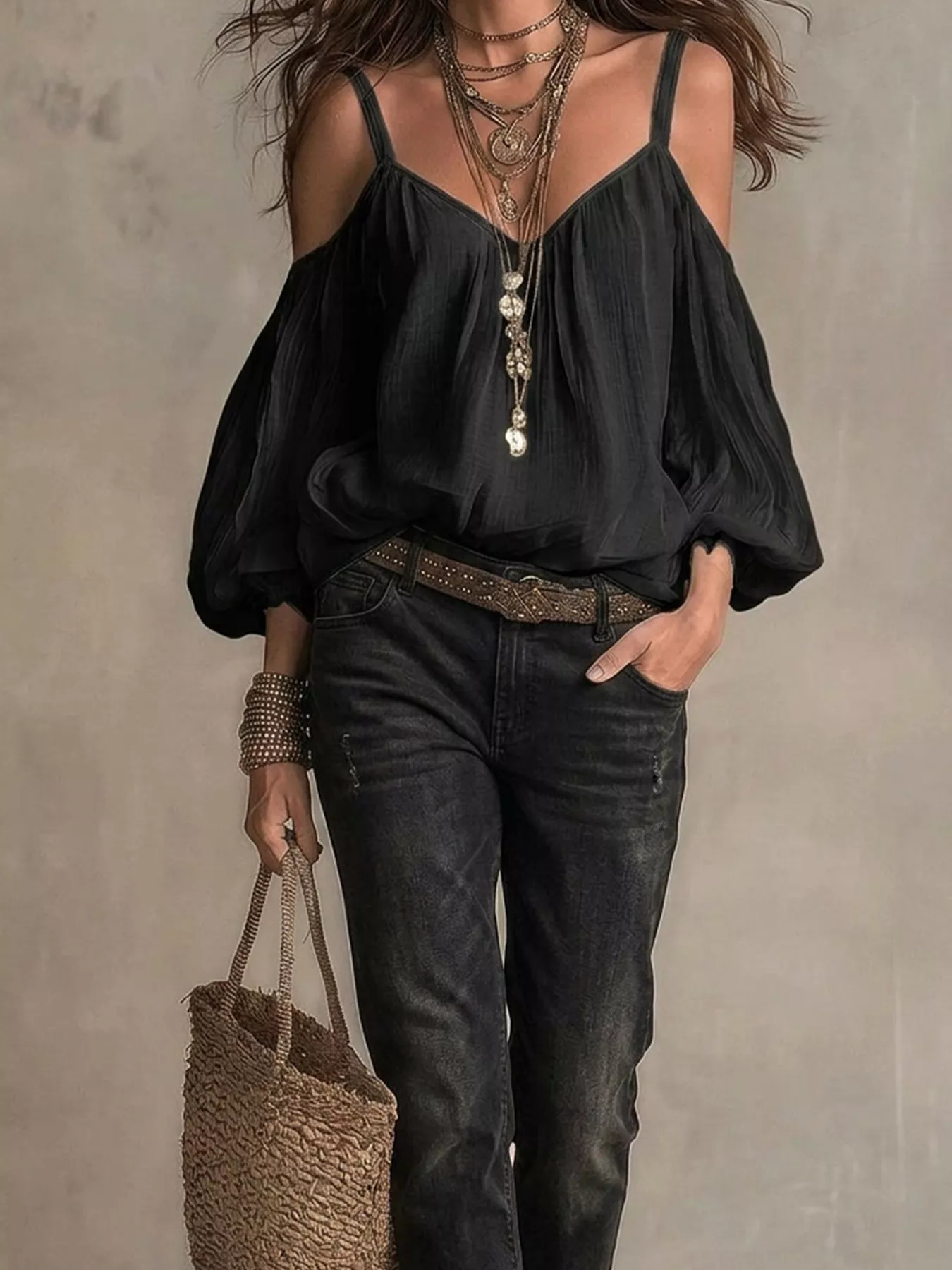 Cold Shoulder Balloon Sleeve Blouse - Image 9