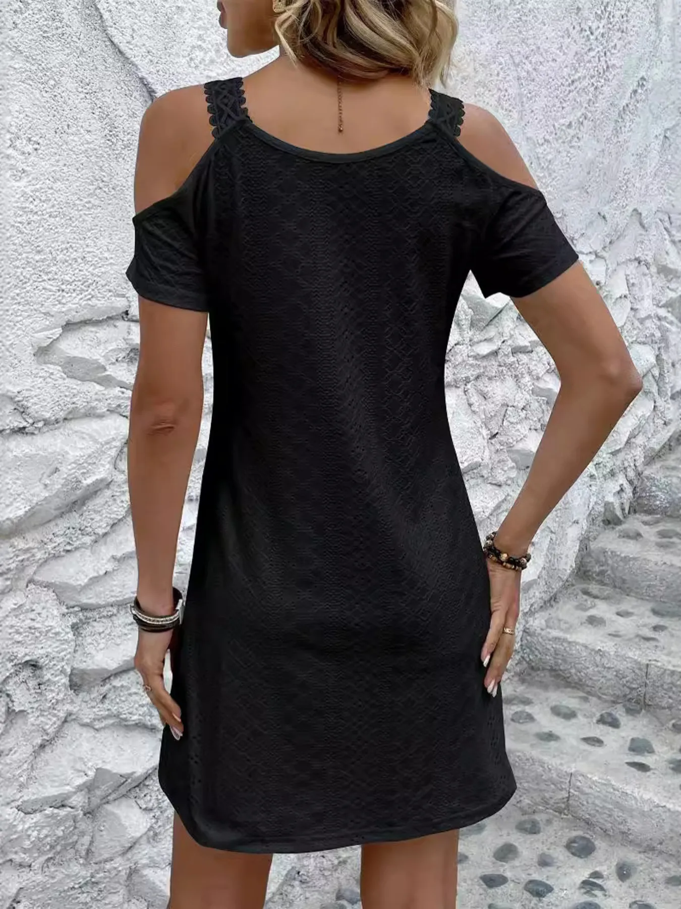 Cold Shoulder Short Sleeve Eyelet Mini Dress - Image 5