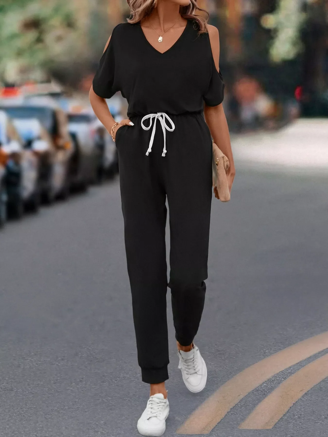 Cold Shoulder V-Neck Drawstring Waist Jumpsuit