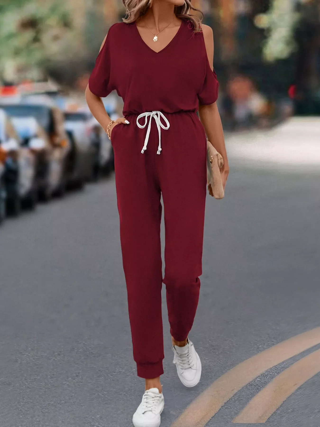Cold Shoulder V-Neck Drawstring Waist Jumpsuit - Image 6