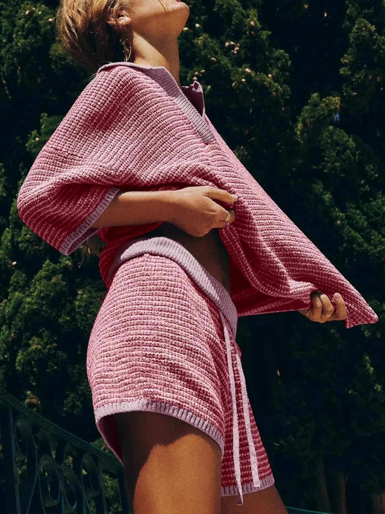 Collared Neck Contrast Striped Top and Shorts Sweater Set - Image 2