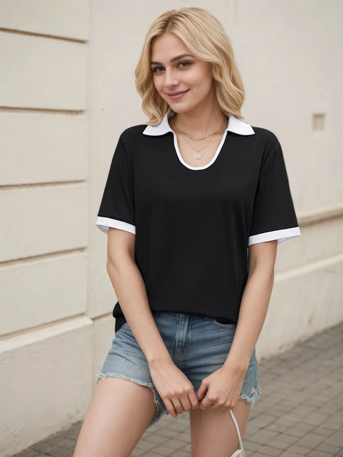 Collared Neck Short Sleeve Top - Image 2
