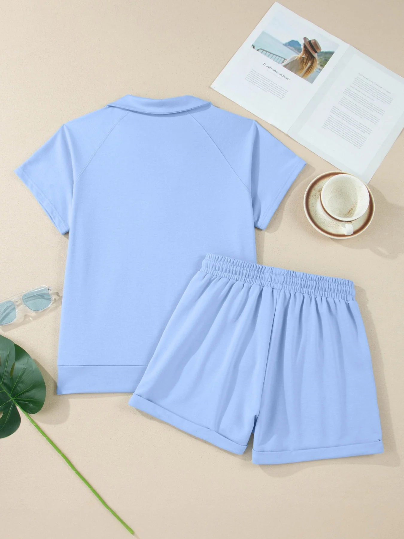 Collared V Neck Tee Drawstring Elastic Waist Shorts 2pcs Outfit - Image 5