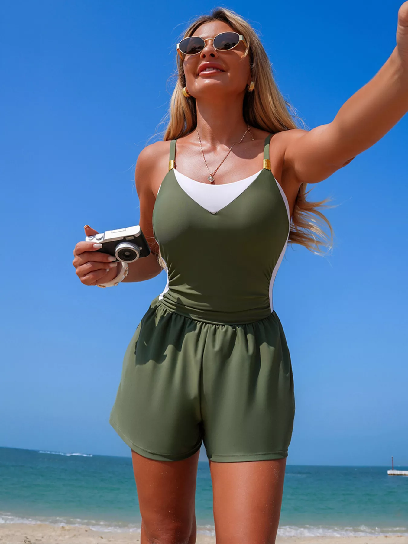 Color Block Adjustable Strap One-Piece Swimsuit - Image 10