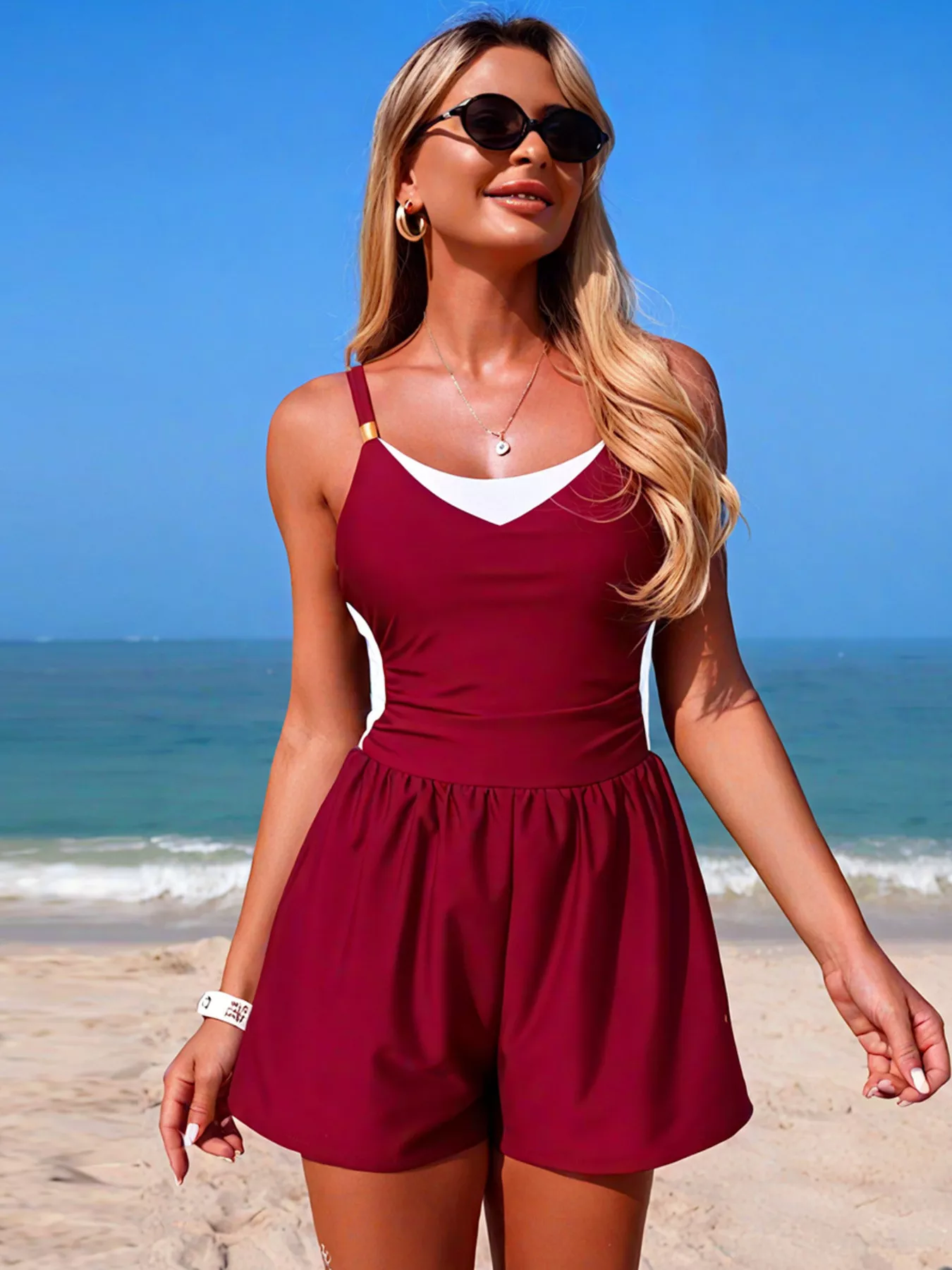 Color Block Adjustable Strap One-Piece Swimsuit - Image 16