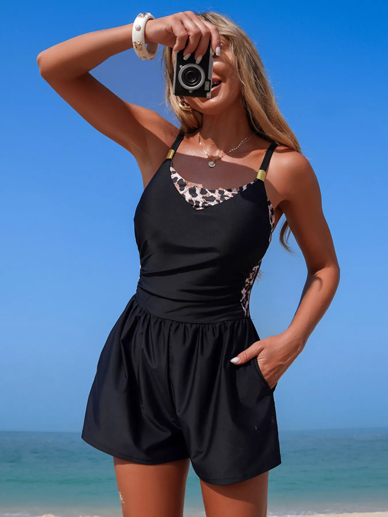Color Block Adjustable Strap One-Piece Swimsuit - Image 24