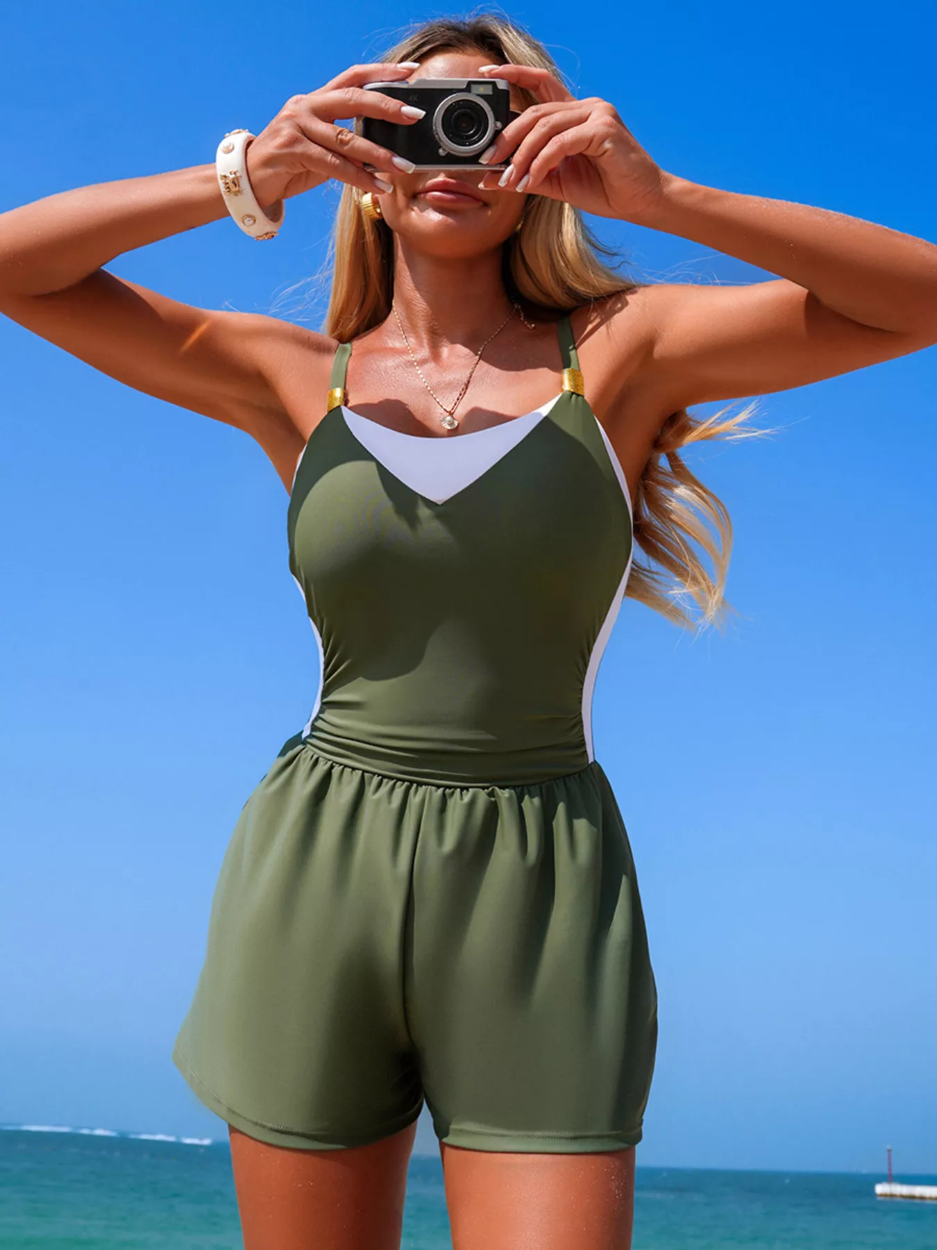Color Block Adjustable Strap One-Piece Swimsuit - Image 6