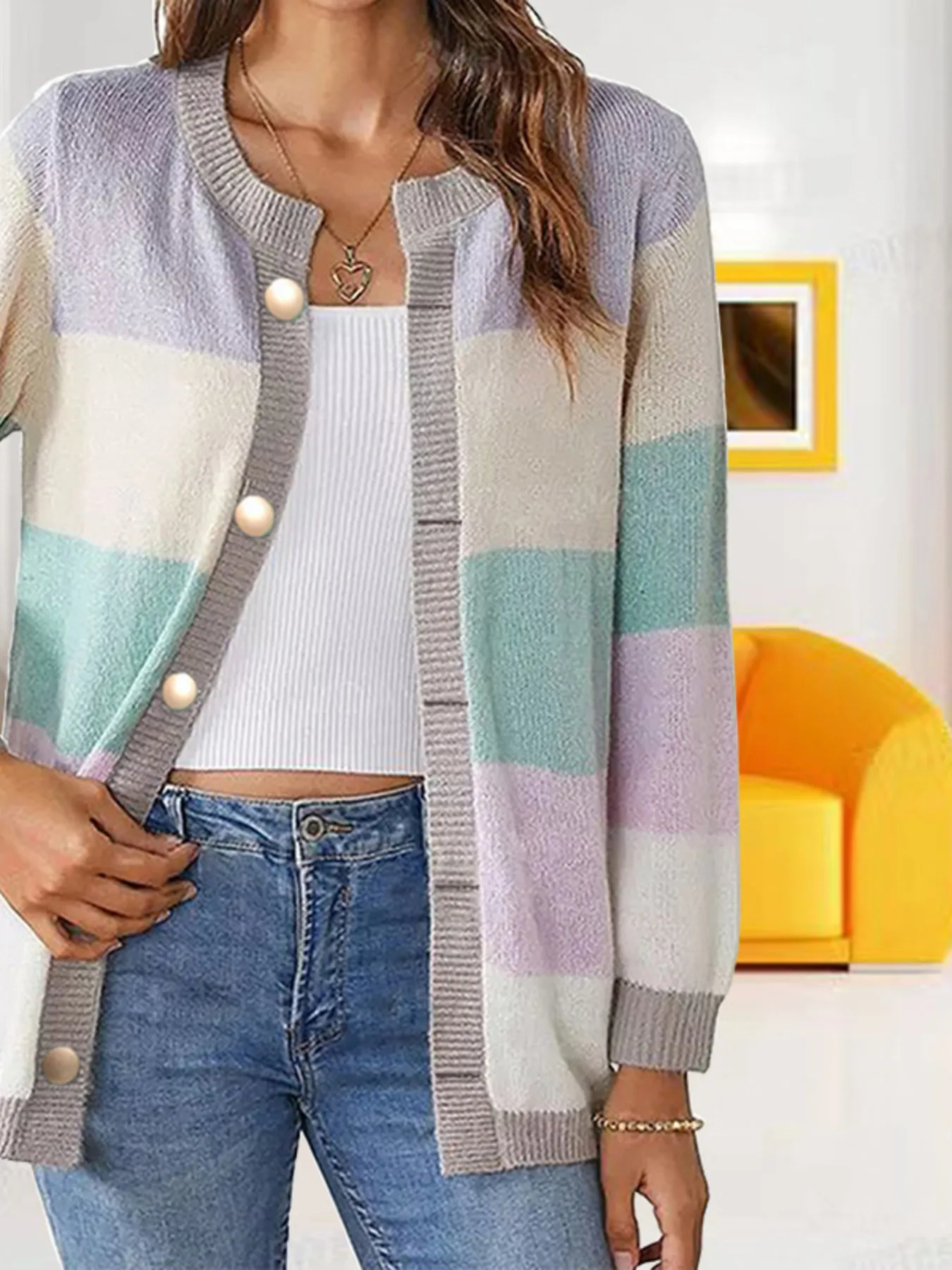 Color Block Button-Up Knit Cardigan - Image 7
