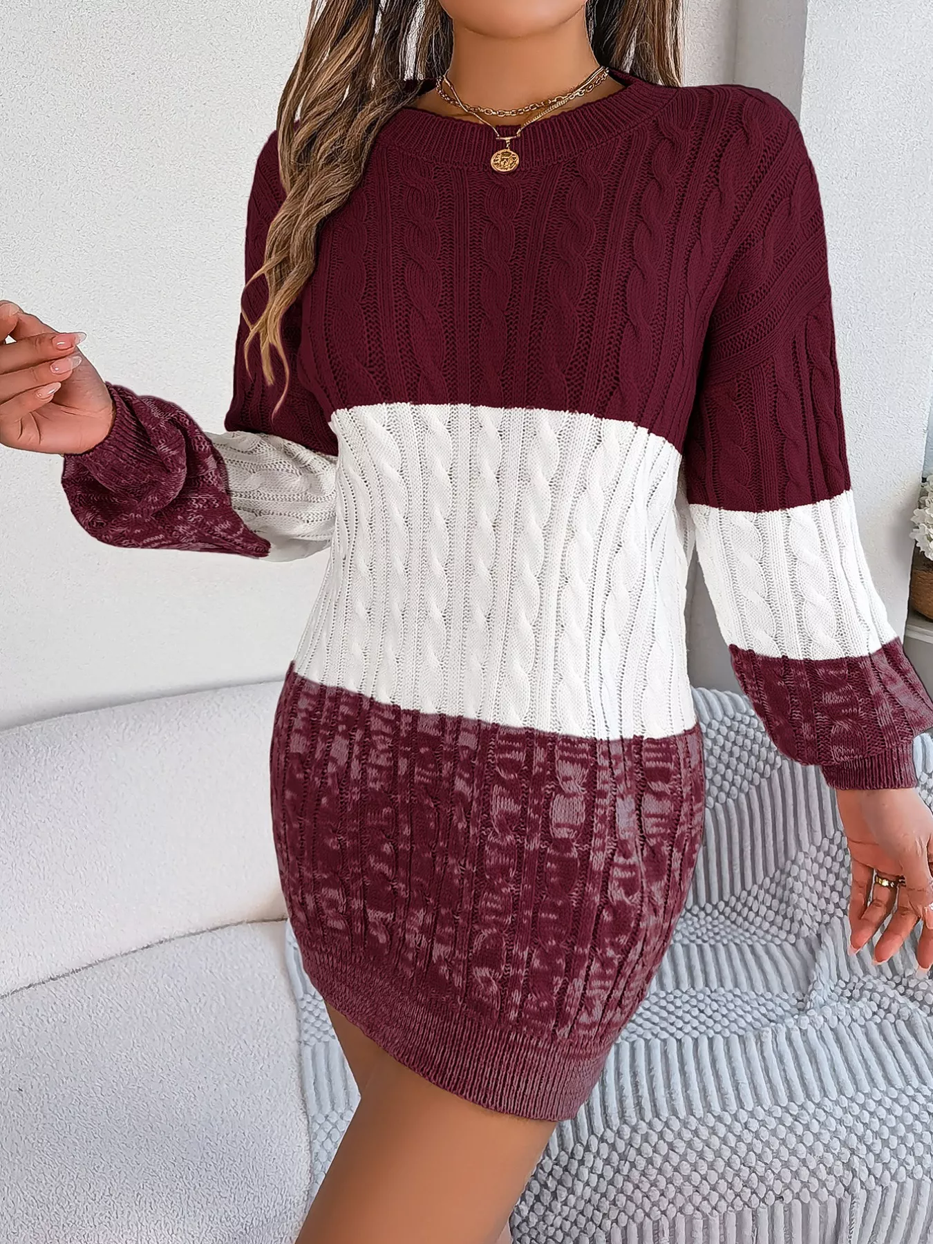 Color Block Cable Knit Sweater Dress with Textured Pattern - Image 3
