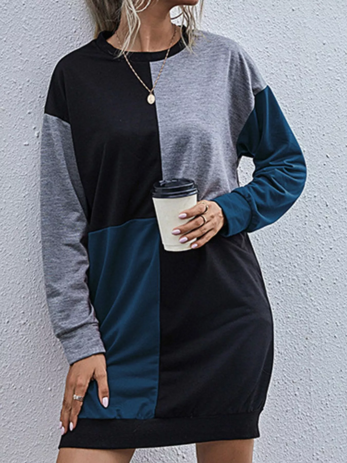 Color Block Casual Long Sleeve Mini Dress - Image 6