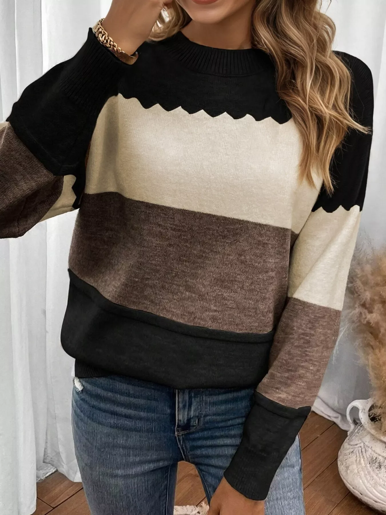 Color Block Crew Neck Drop Shoulder Sweater - Image 2