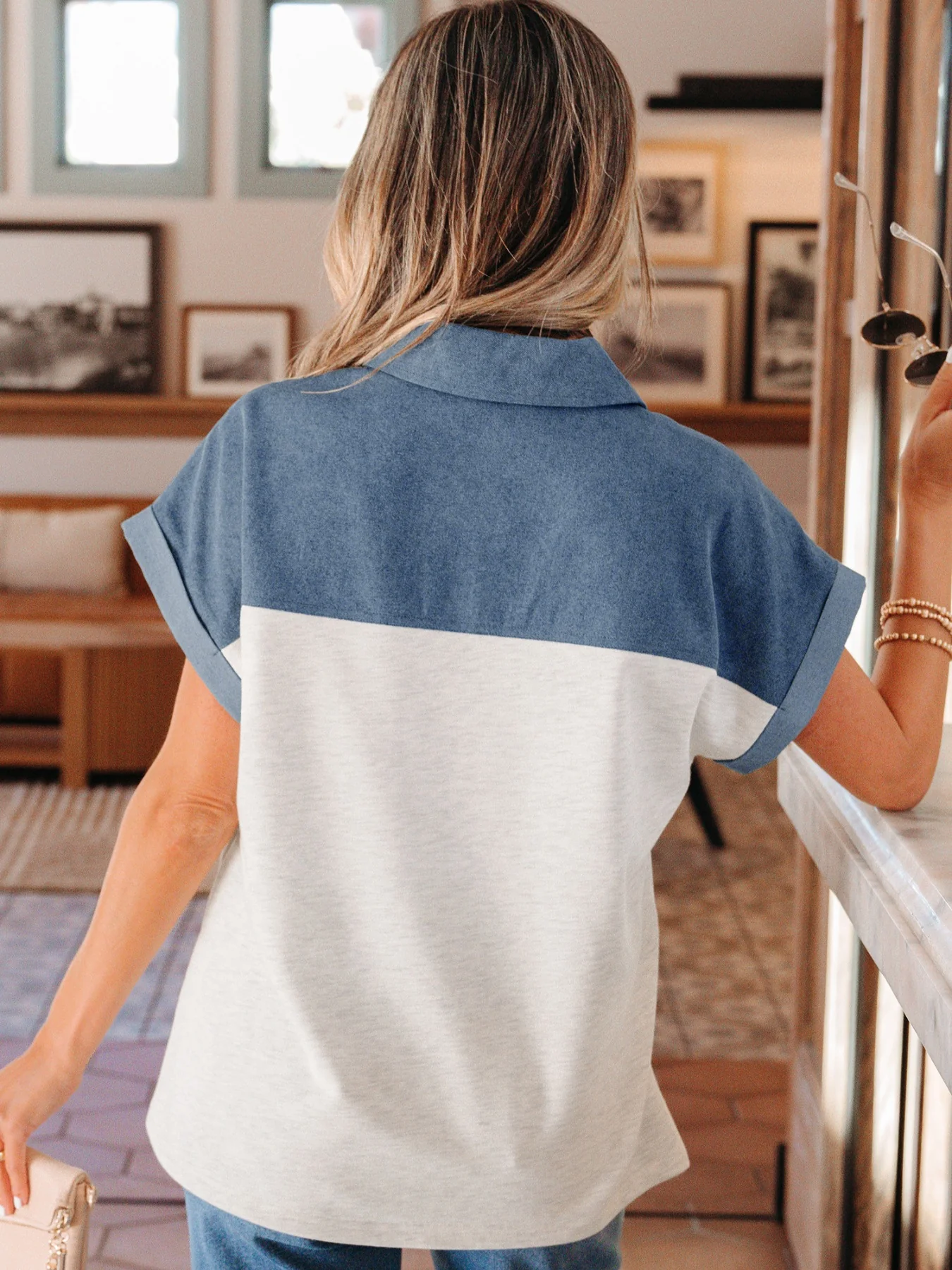 Color Block Denim Patchwork Button Polo Collar Short Sleeve Top - Image 3