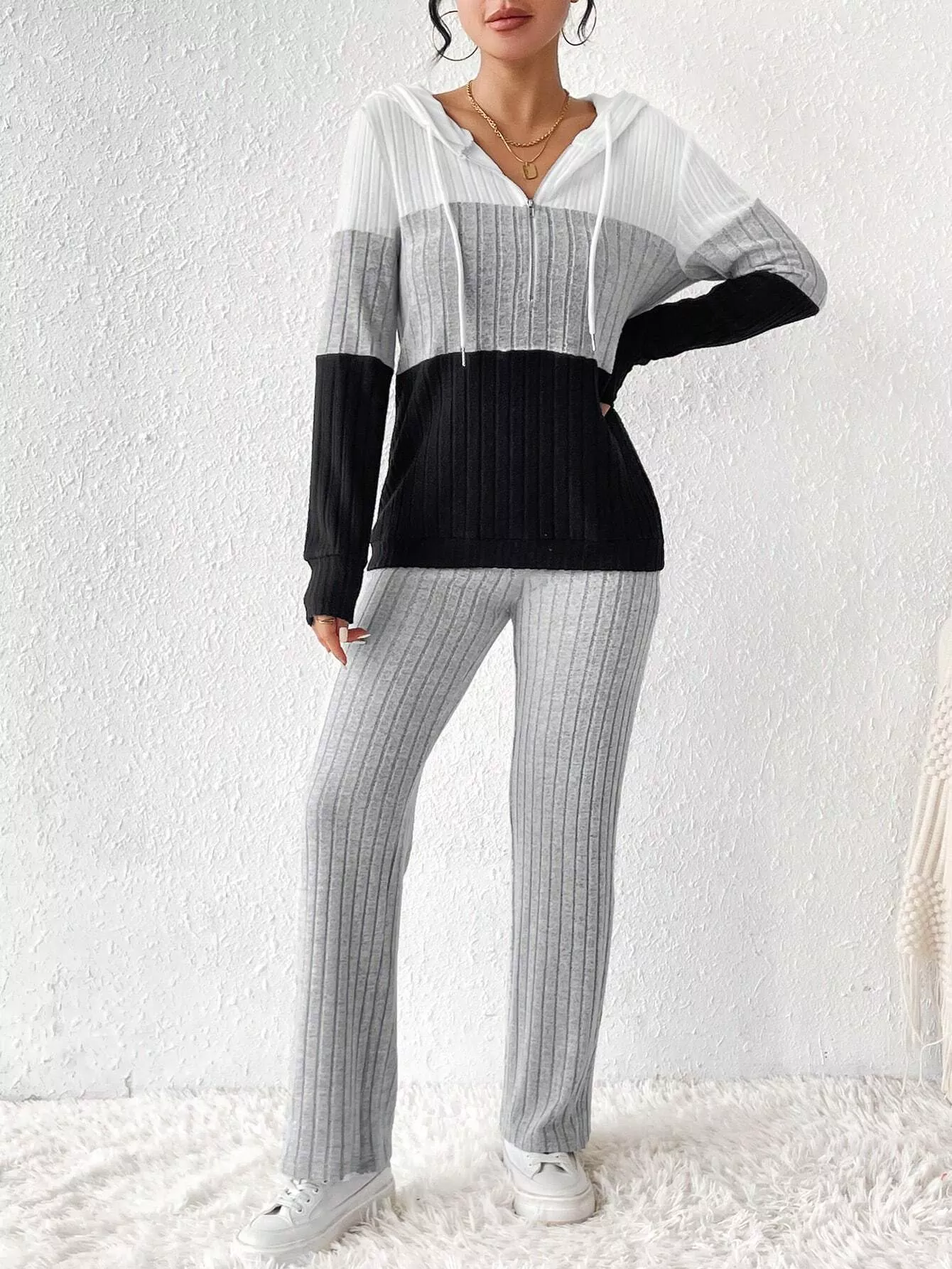 Color Block Half Zip Hooded Top and Pants Set - Image 21