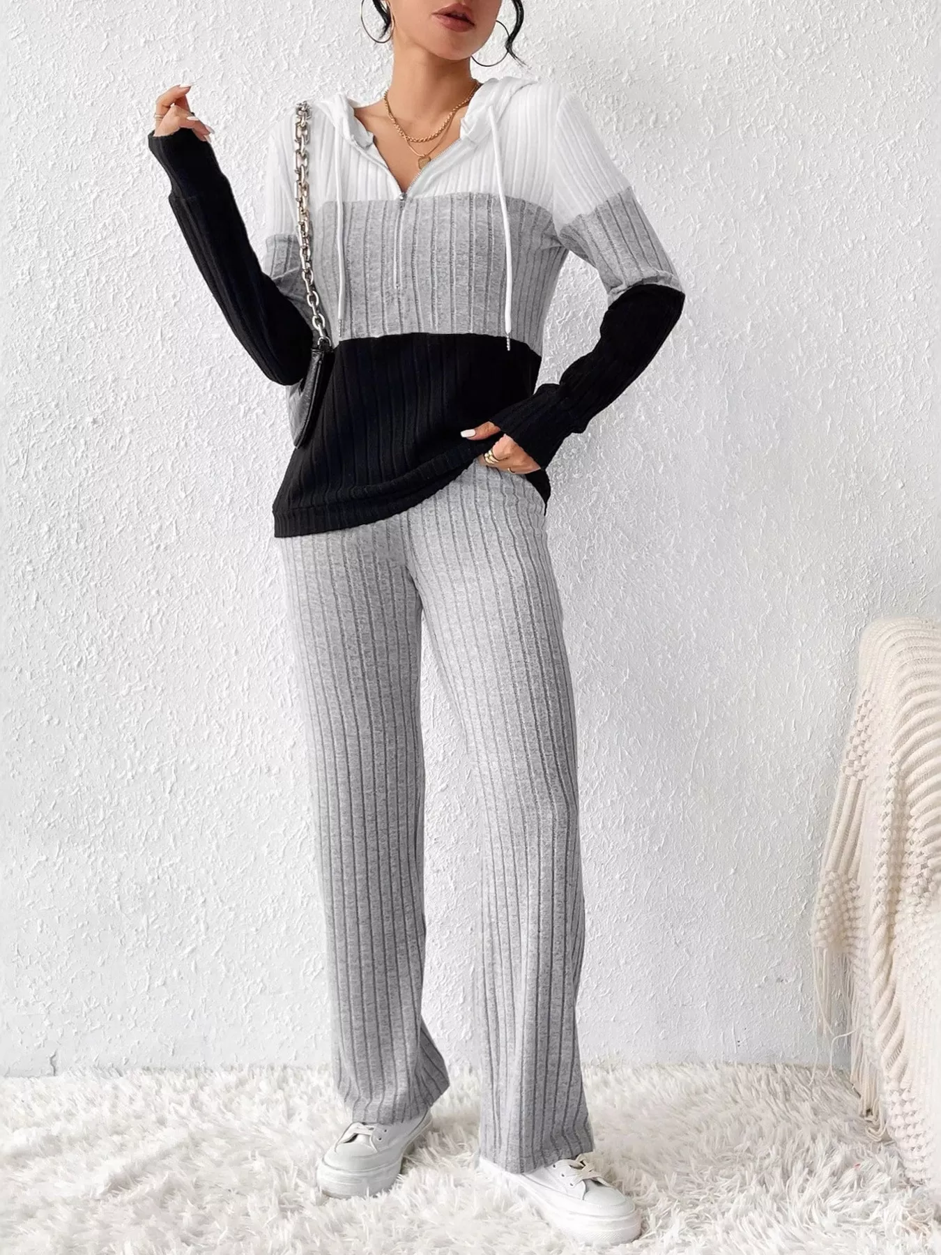 Color Block Half Zip Hooded Top and Pants Set - Image 18