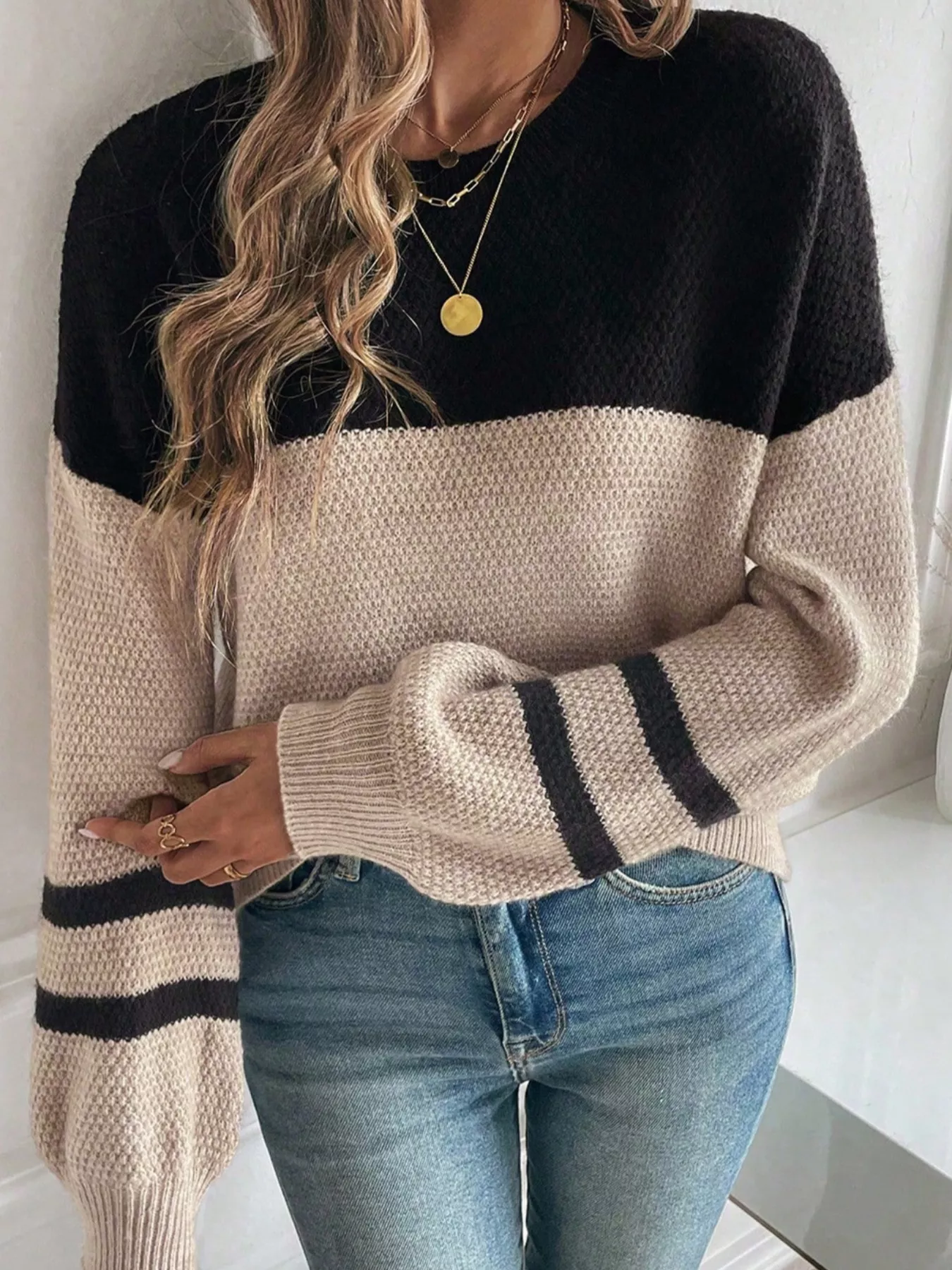 Color Block Knit Striped Sleeve Detail Casual Sweater - Image 5