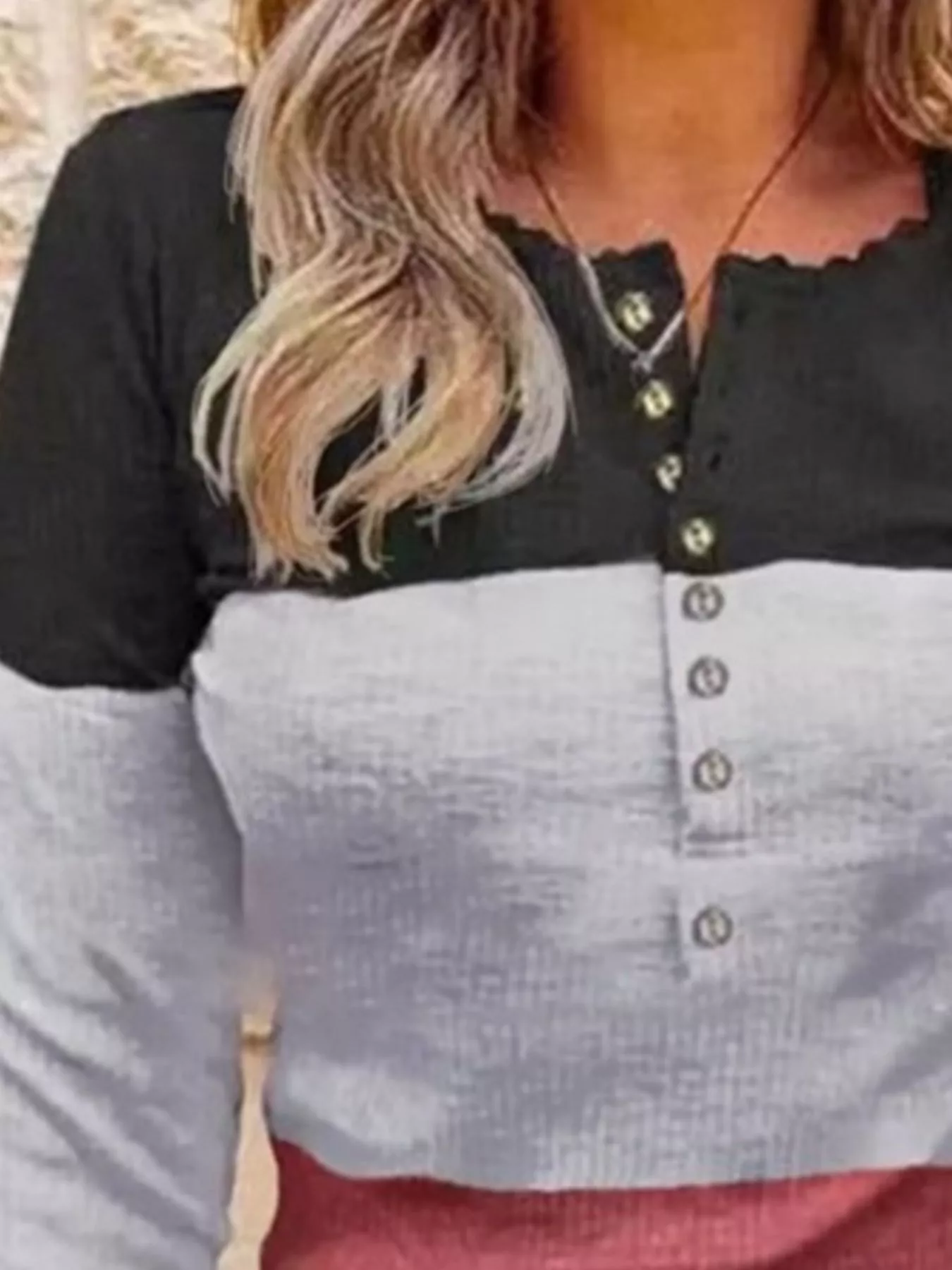 Color Block Lace Detail Half Button T-Shirt - Image 2