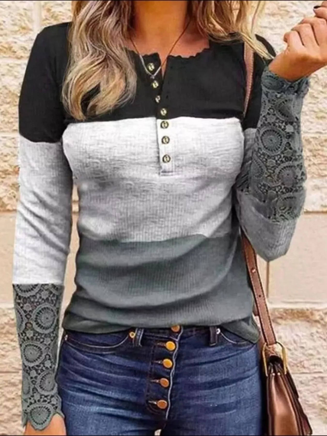 Color Block Lace Detail Half Button T-Shirt - Image 4