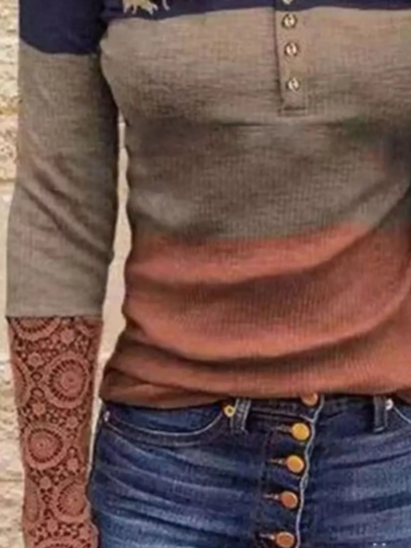 Color Block Lace Detail Half Button T-Shirt - Image 9