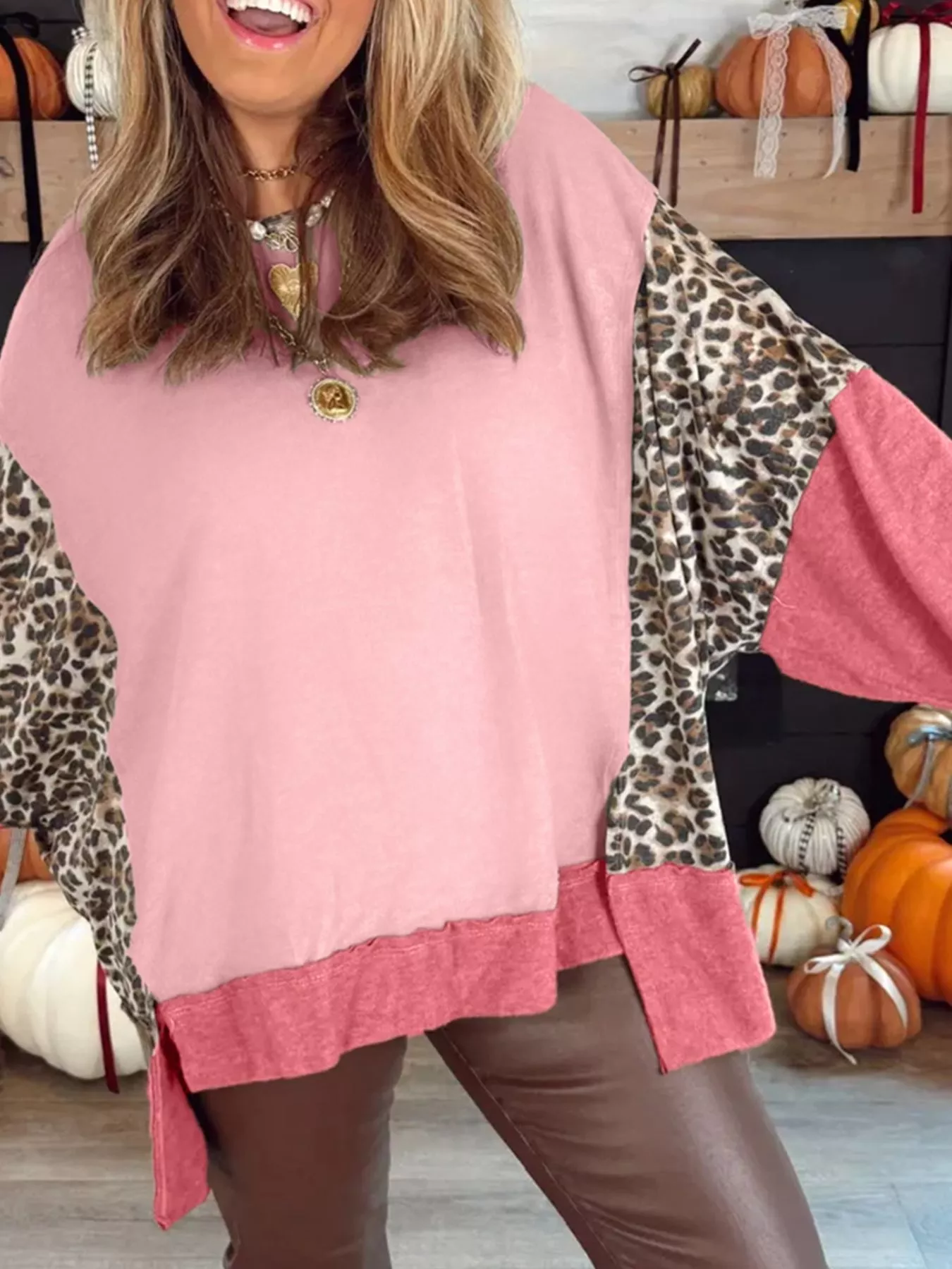 Color Block Leopard Round Neck Sweatshirt - Image 3