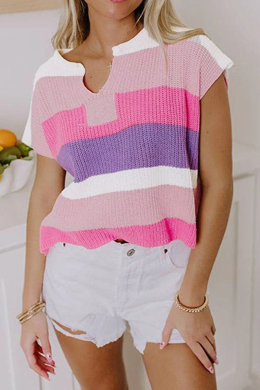 Color Block Notched Short Sleeve Knit Top - Image 4