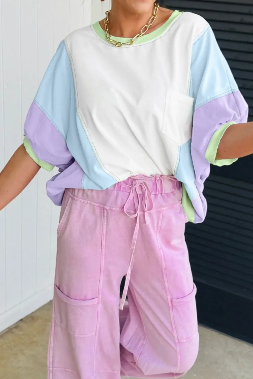 Color Block Patchwork Half Sleeve Oversized T Shirt - Image 11
