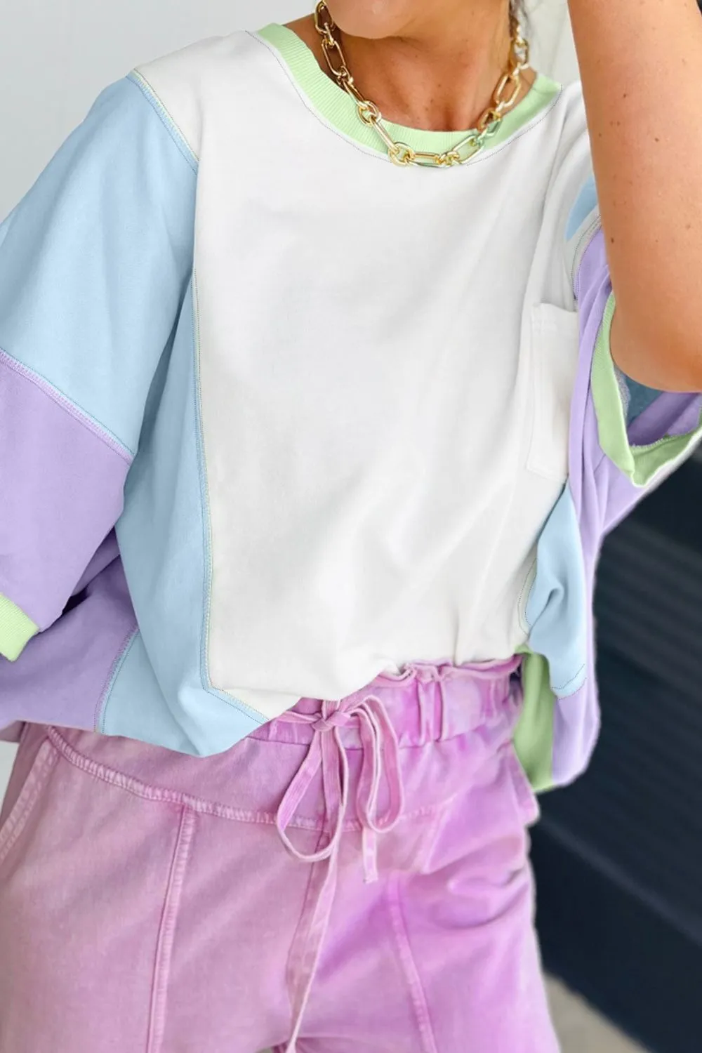 Color Block Patchwork Half Sleeve Oversized T Shirt - Image 12