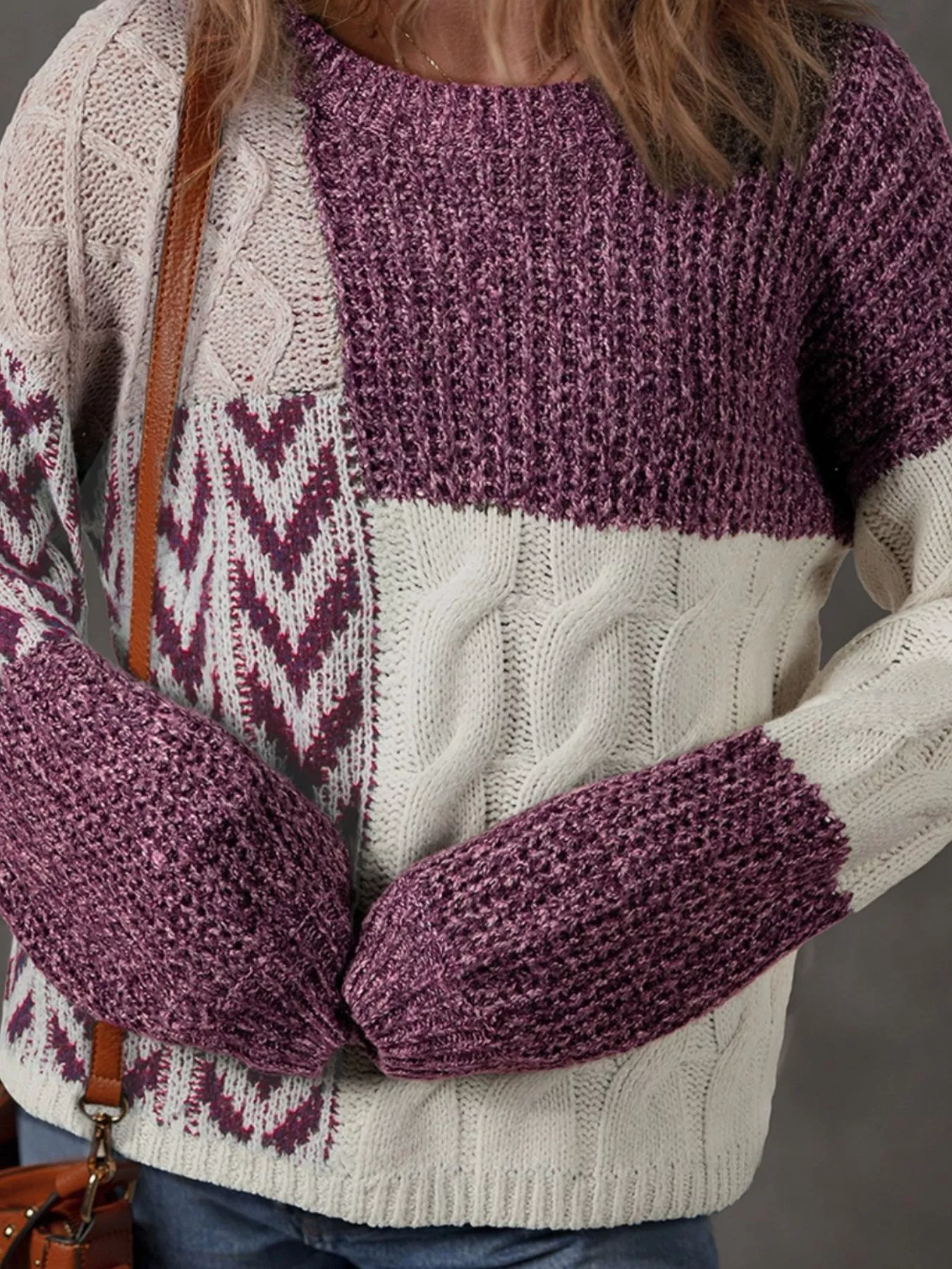 Color Block Patchwork Knotted Back Loose Fit Sweater - Image 3